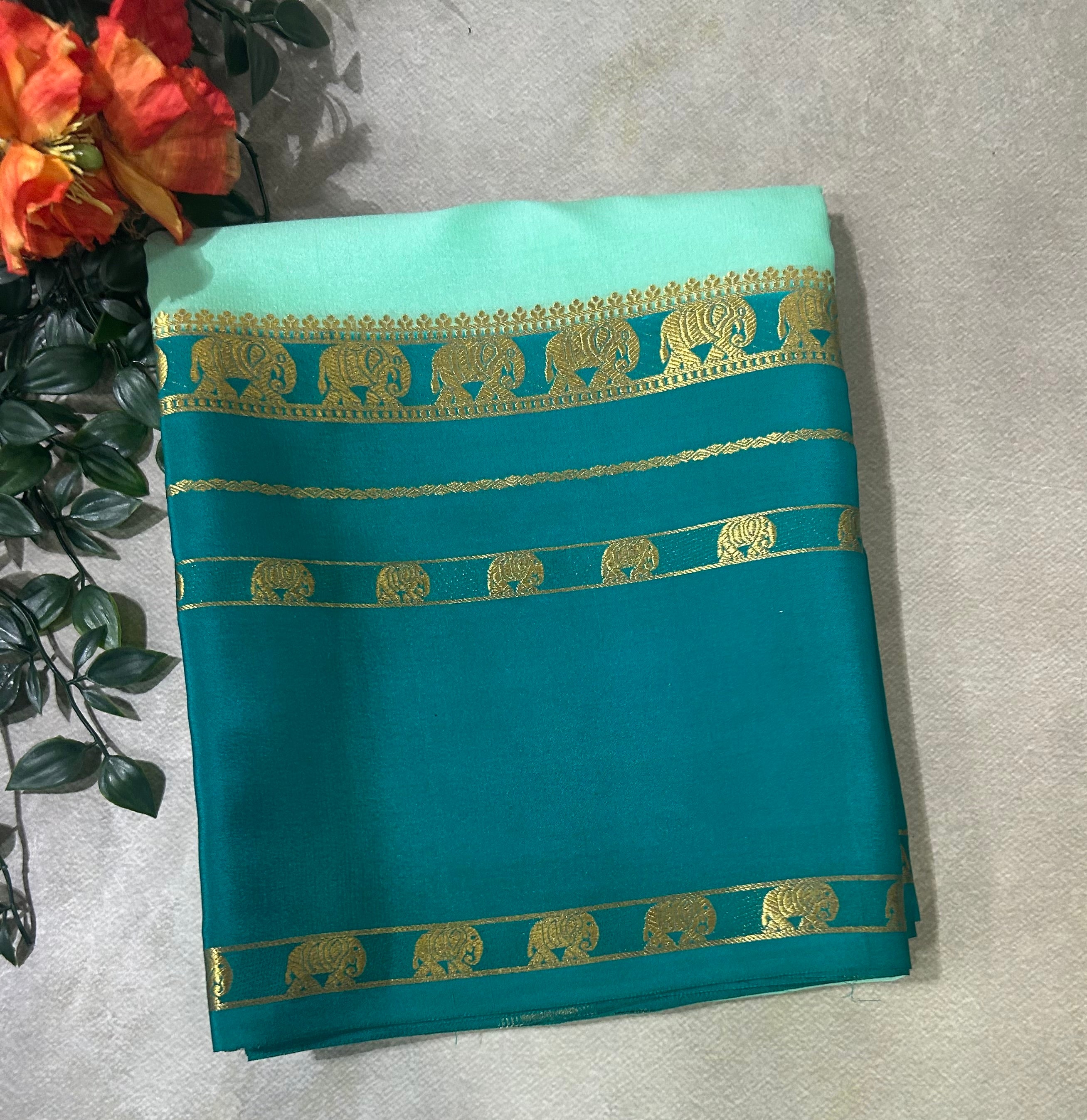 Aqua green bentex border pure Mysore silk 104 saree