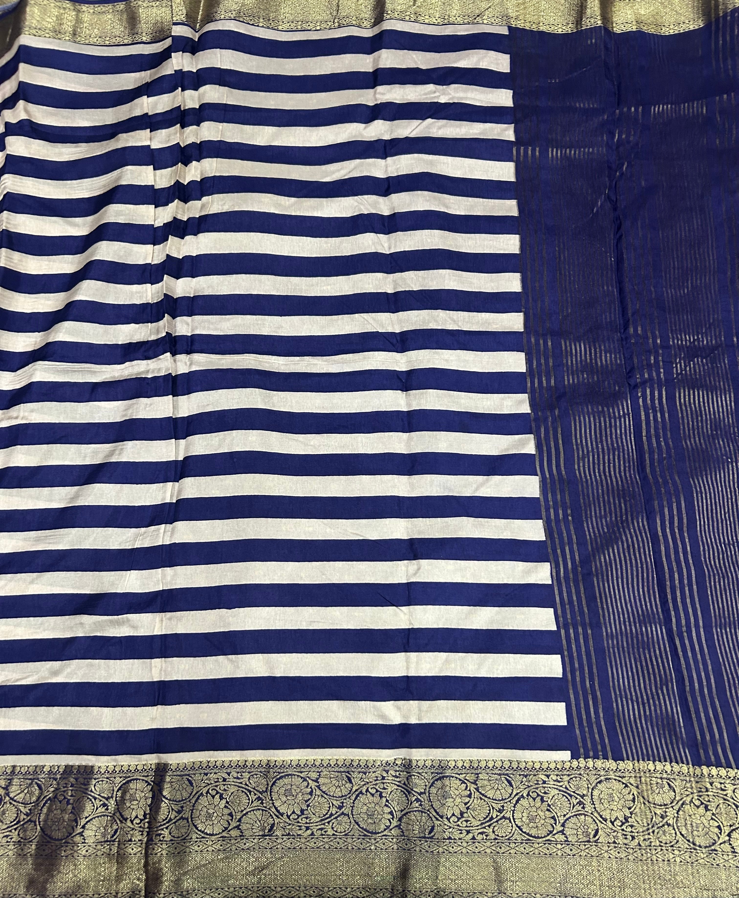 Navy blue stripes soft Tussar Kanchi border saree