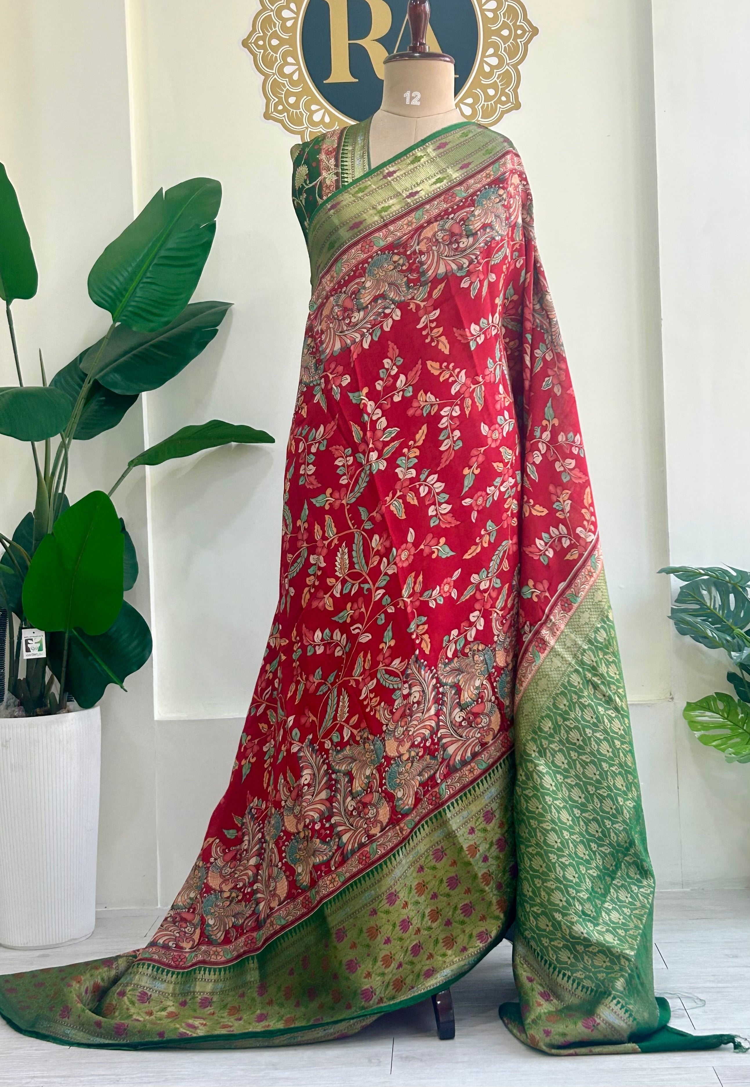 Red n green bb kalamkari Chanderi saree