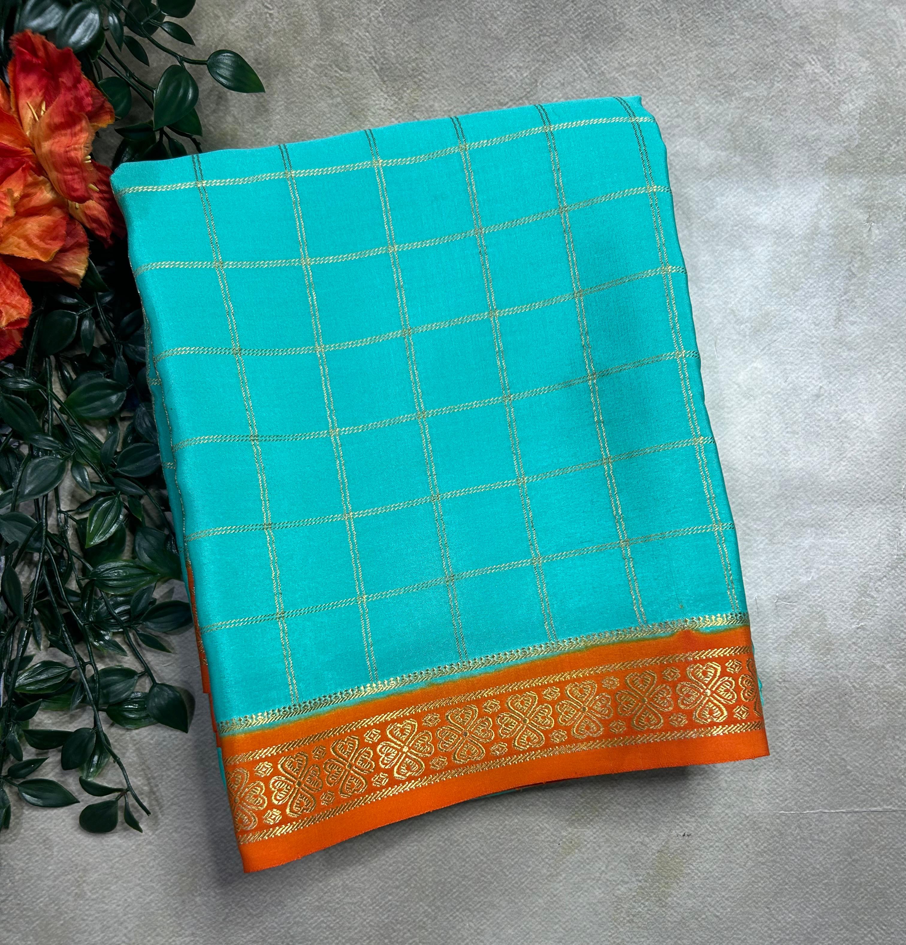 Distemper blue checks pure css zari Mysore silk 105 saree