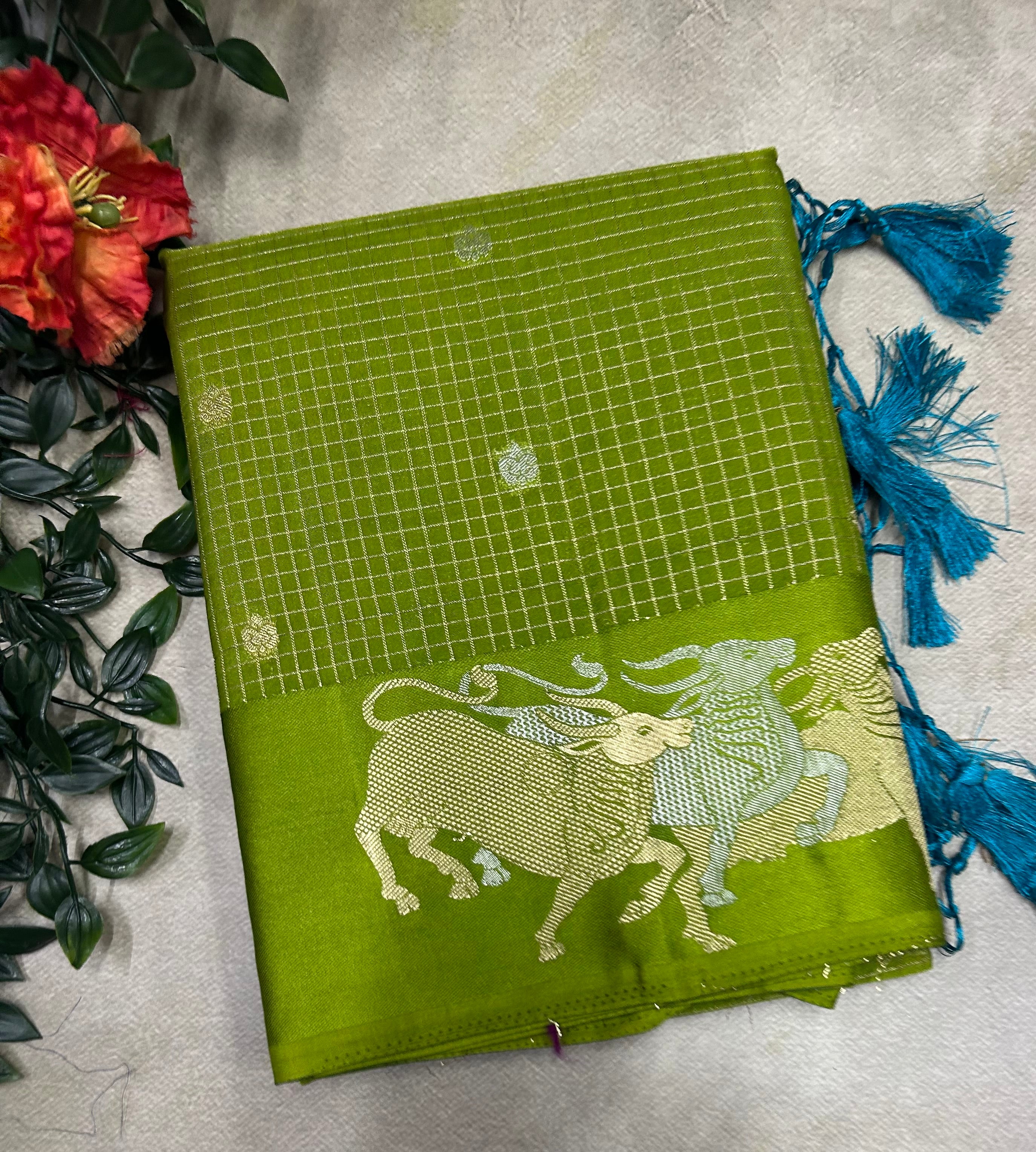Light green small checks semi Mysore crepe saree(SMC106)
