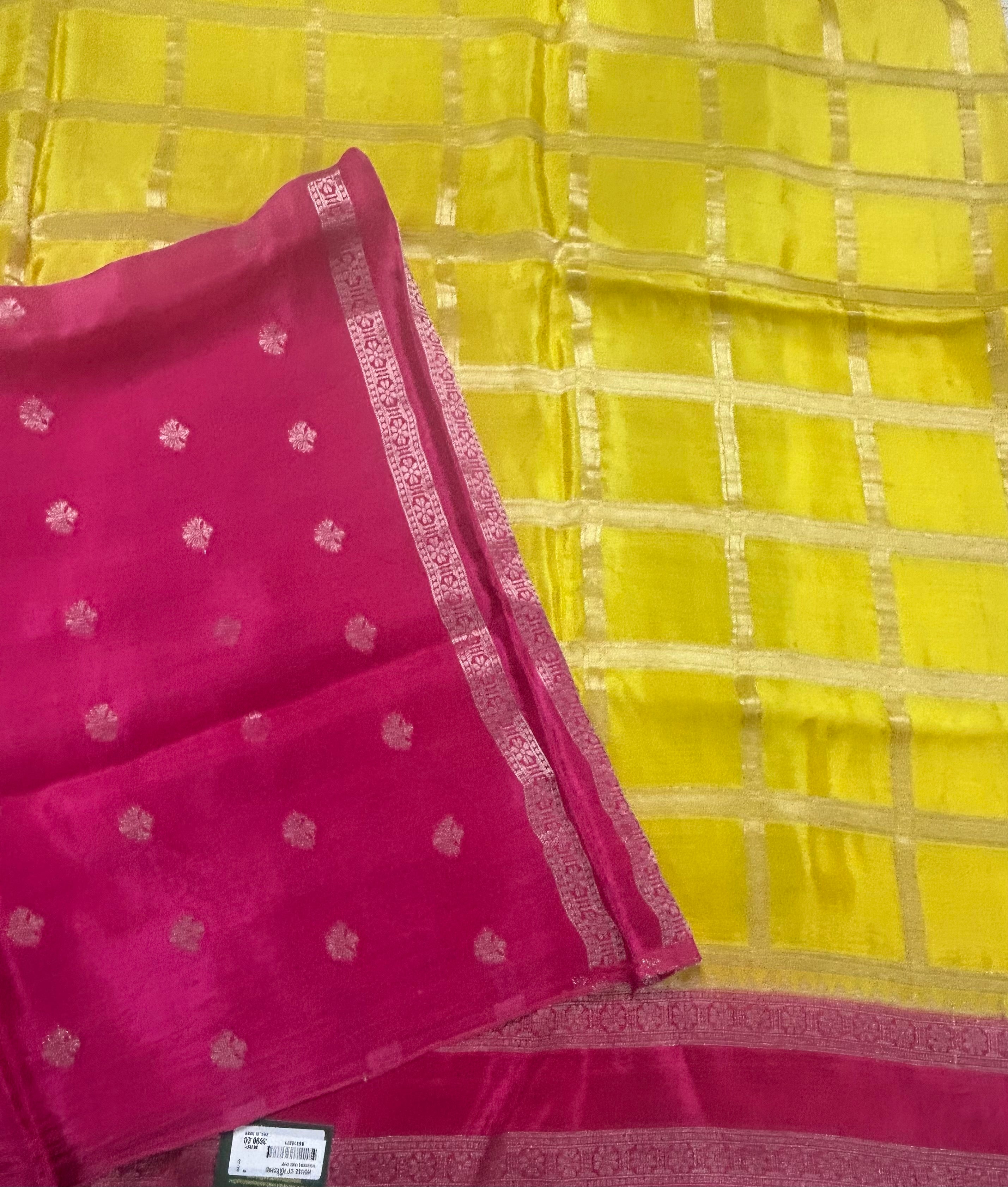 Yellow checks n bentex border semi crepe 106 saree
