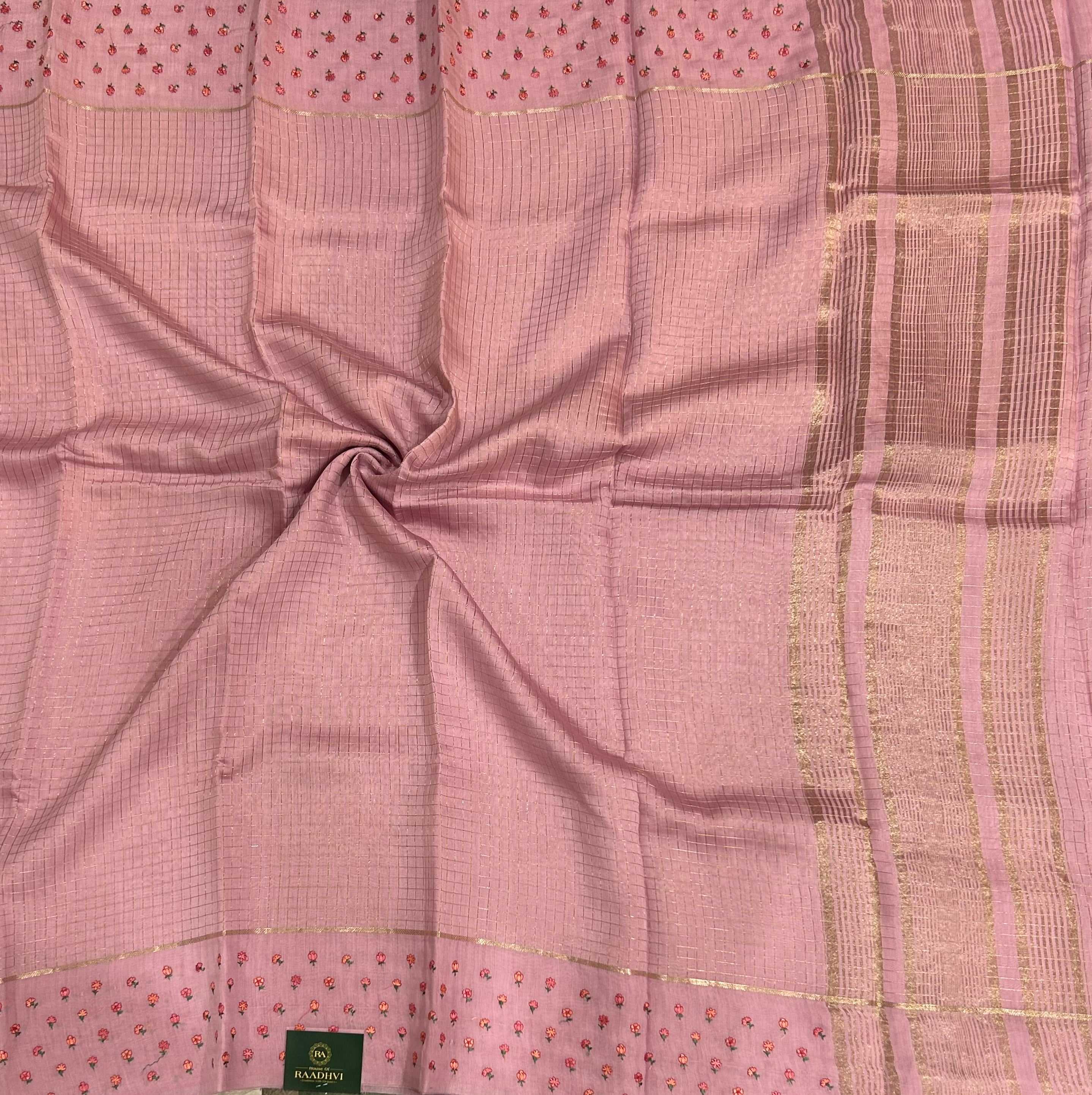 Pastel green checks embrodiery butta border soft tussar crepe 104 saree