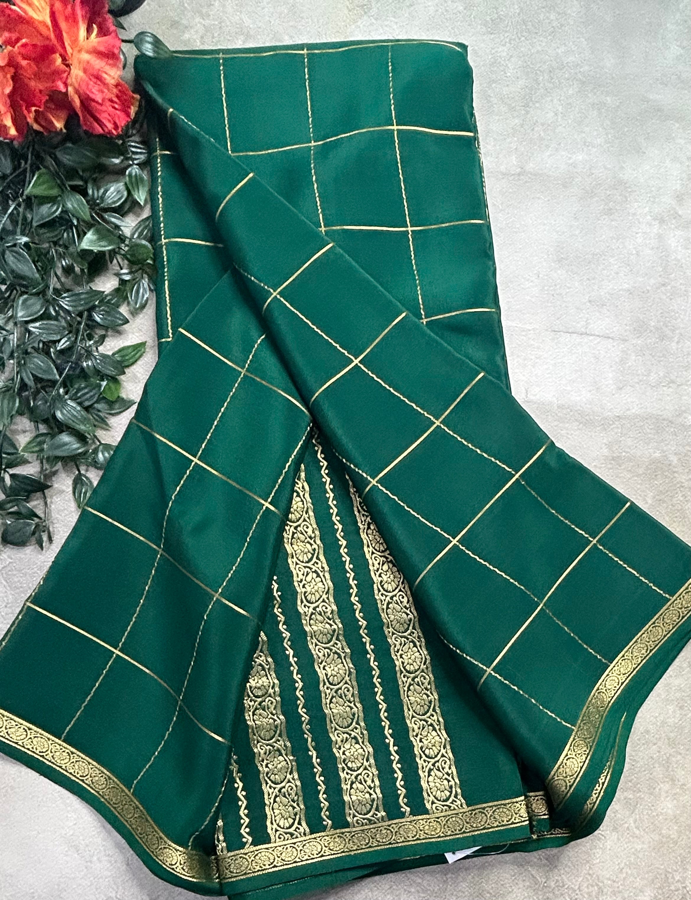 Bottle green big checks pure Mysore silk 106 saree