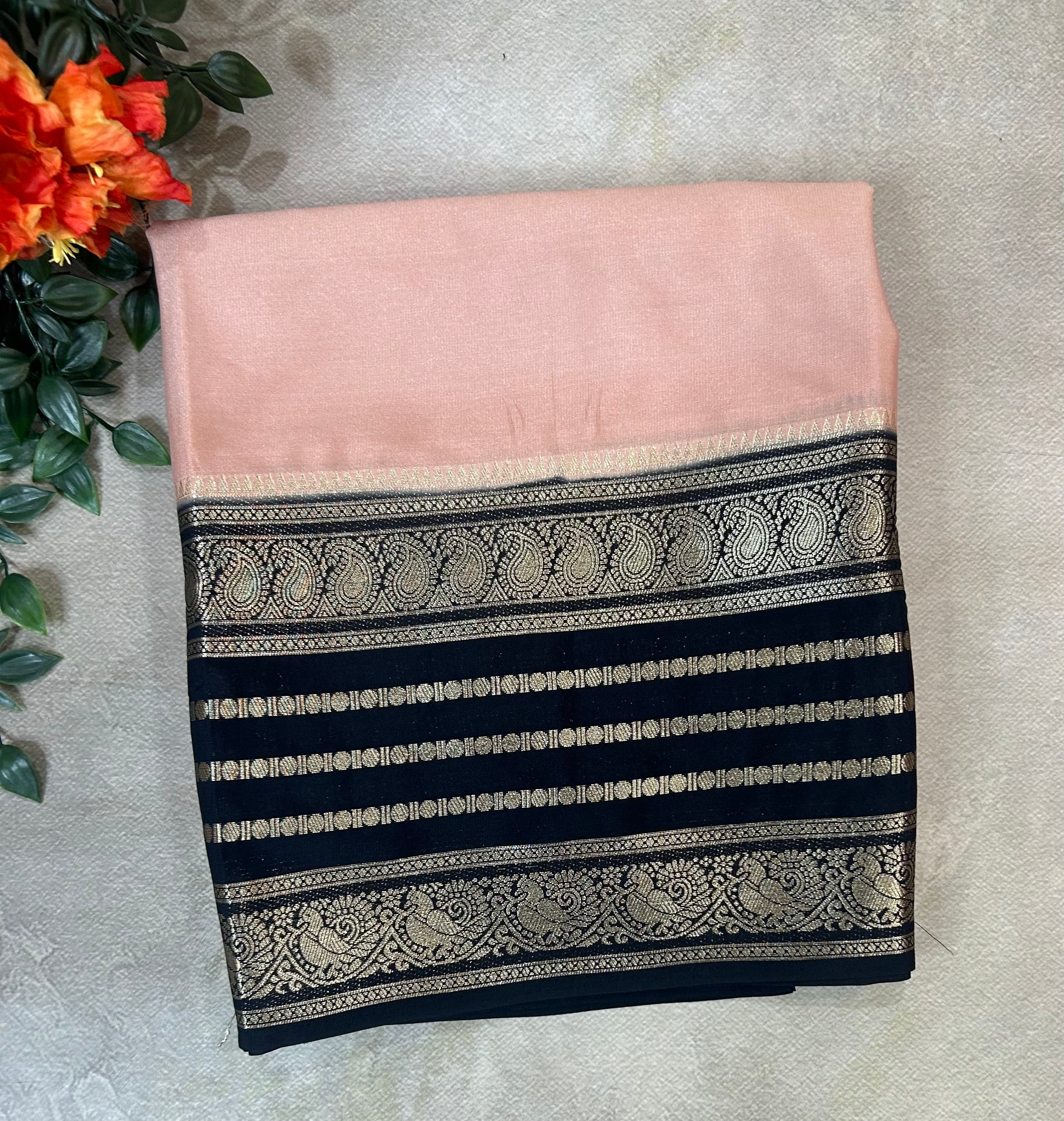 Peach stripes border semi Mysore 104 saree