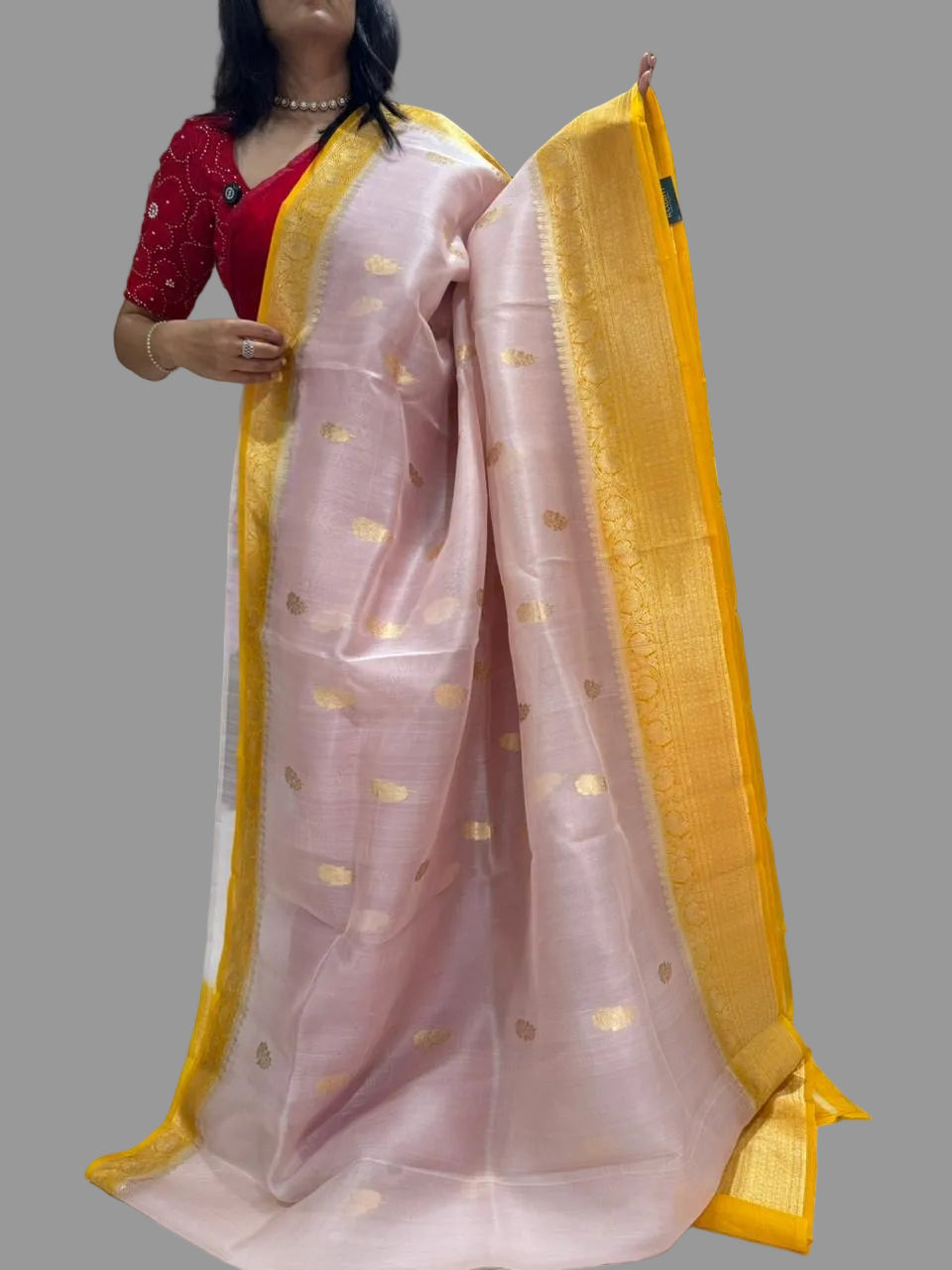Peach n yellow pure kora organza 12 saree