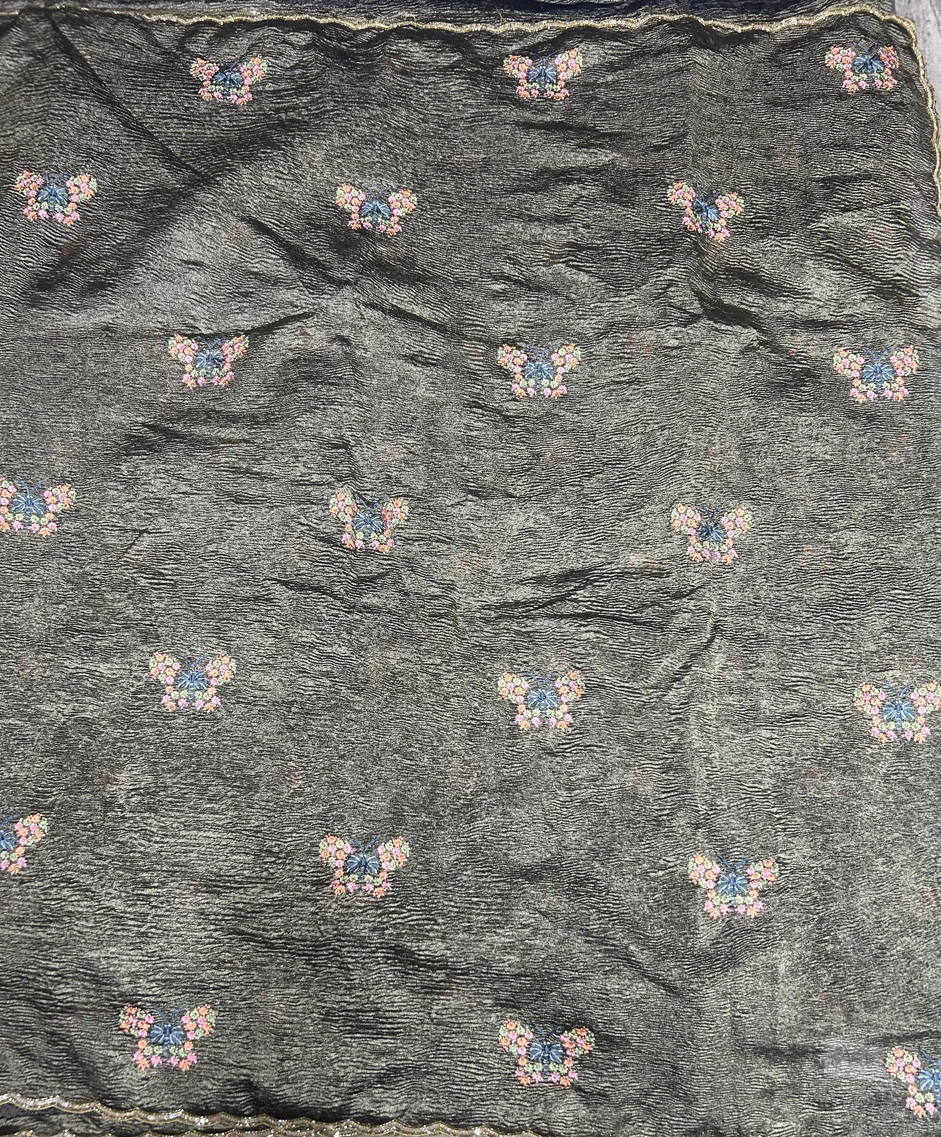 Grey embroidery butta crush Tissue saree