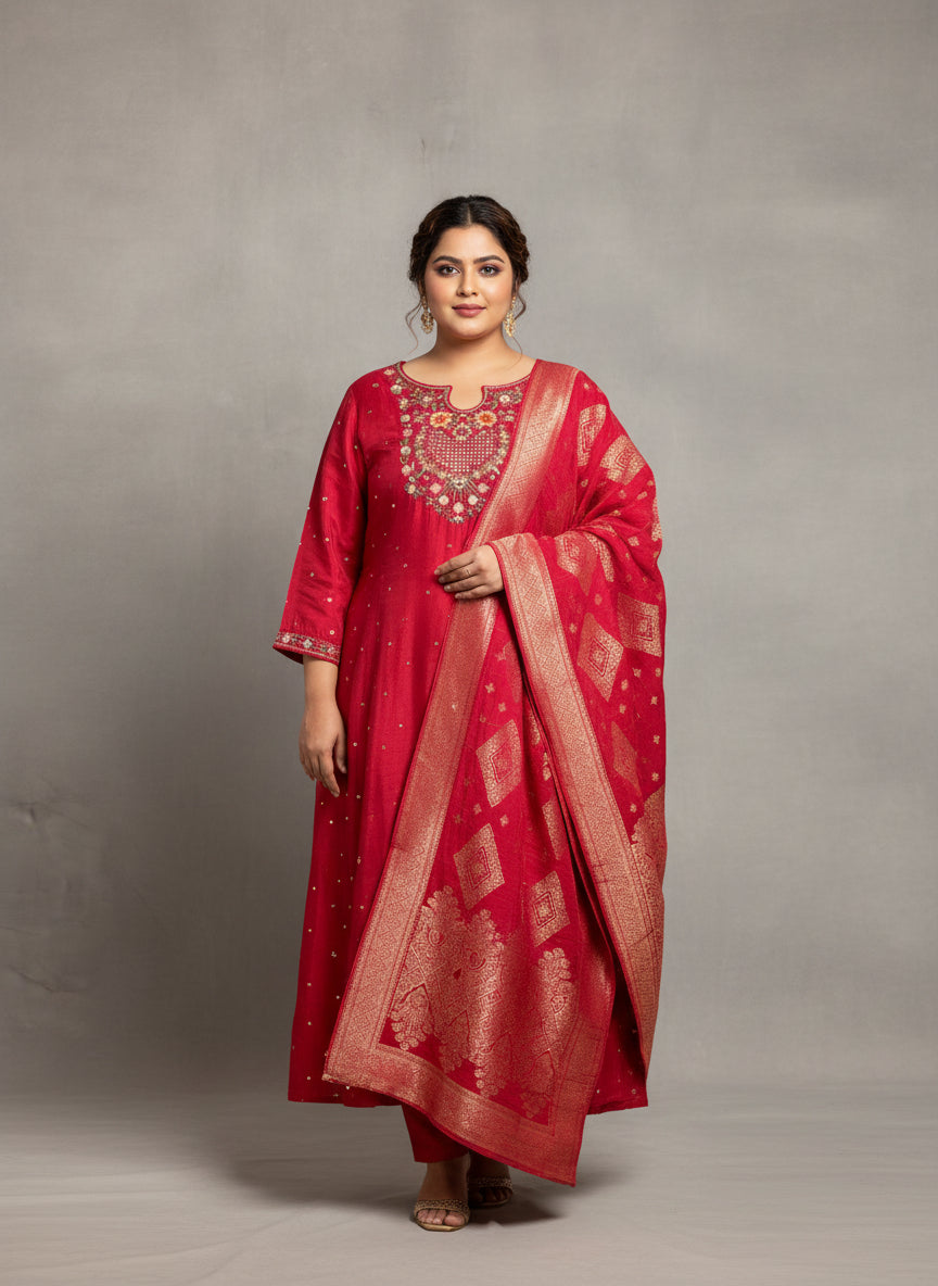Pink Dola silk knot work  hand embroidery kurtha Suit set plus size