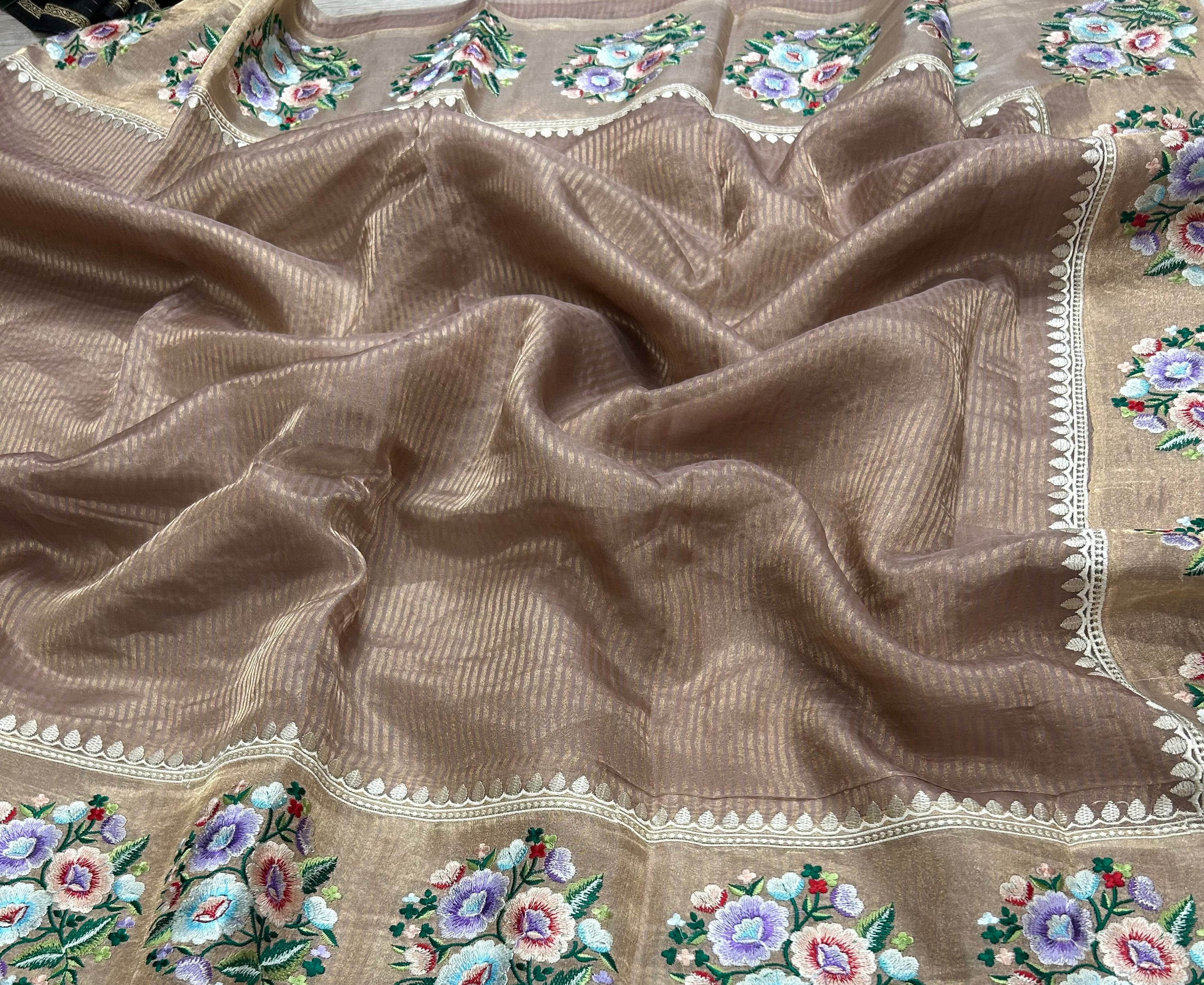 Rose gold stripes floral embroidery work pure organza 105 saree