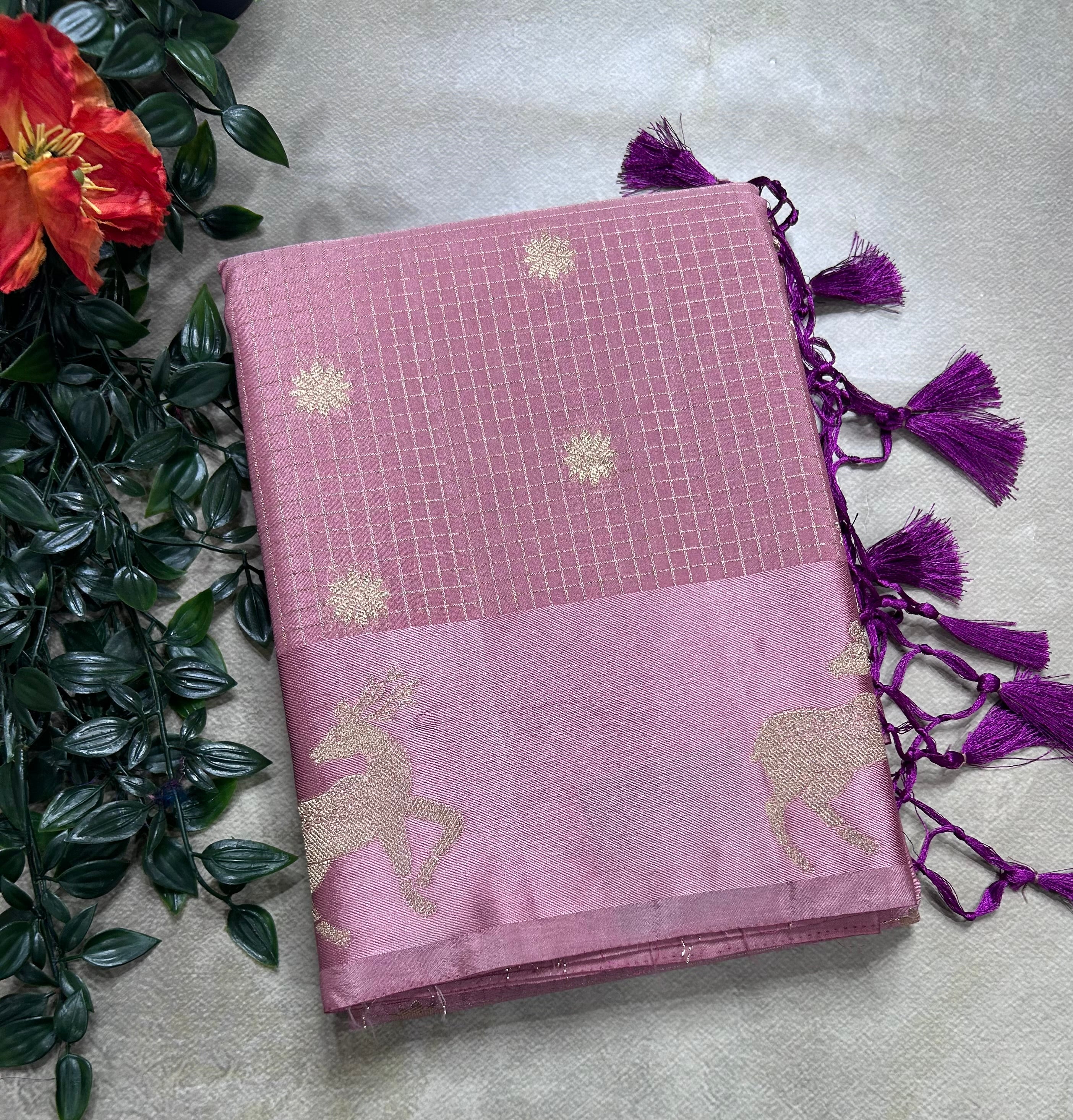Pastel pink small checks semi Mysore crepe 106 saree