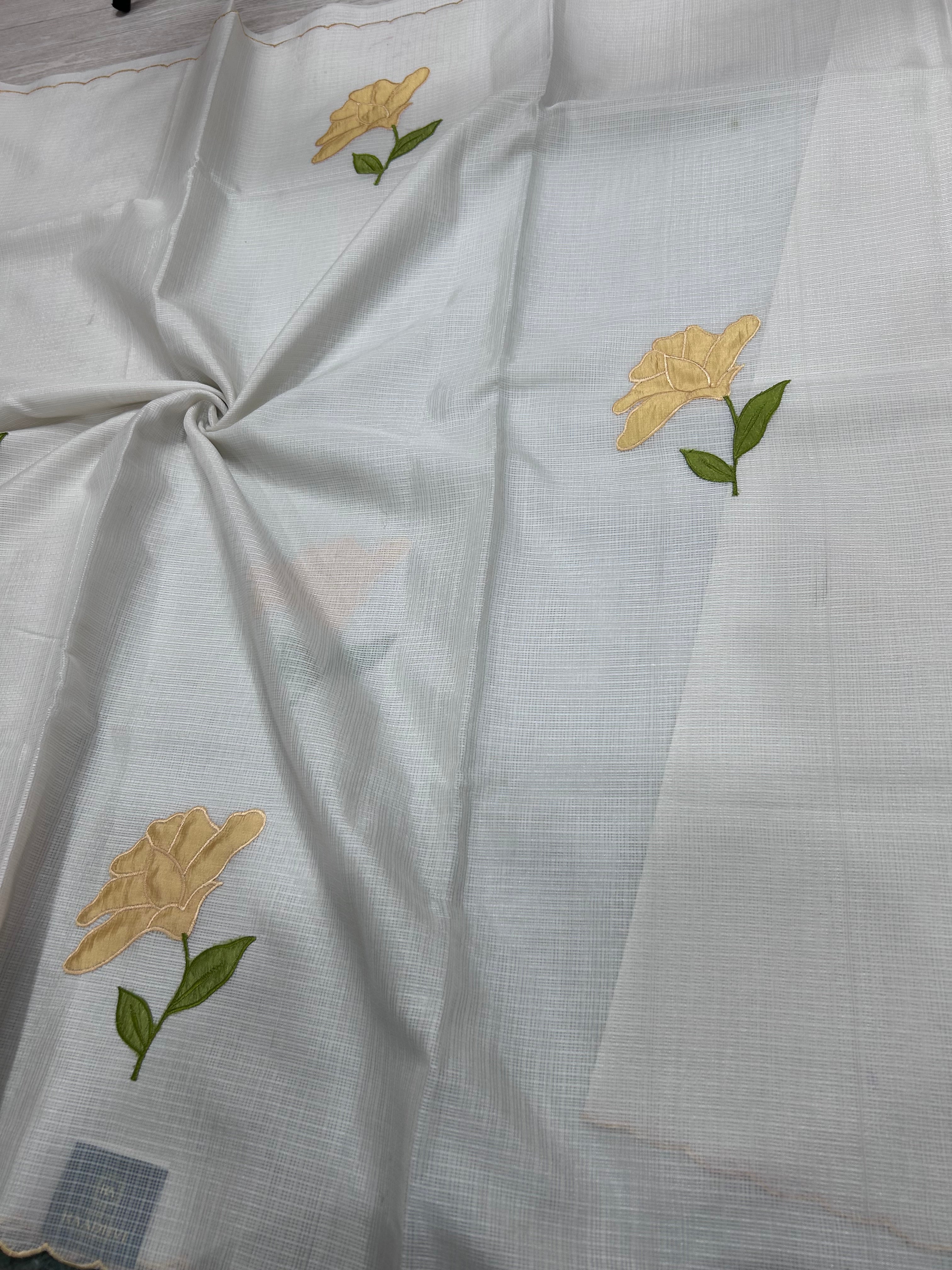 Cream scallop border yellow embroidery work Kota check 106 Saree