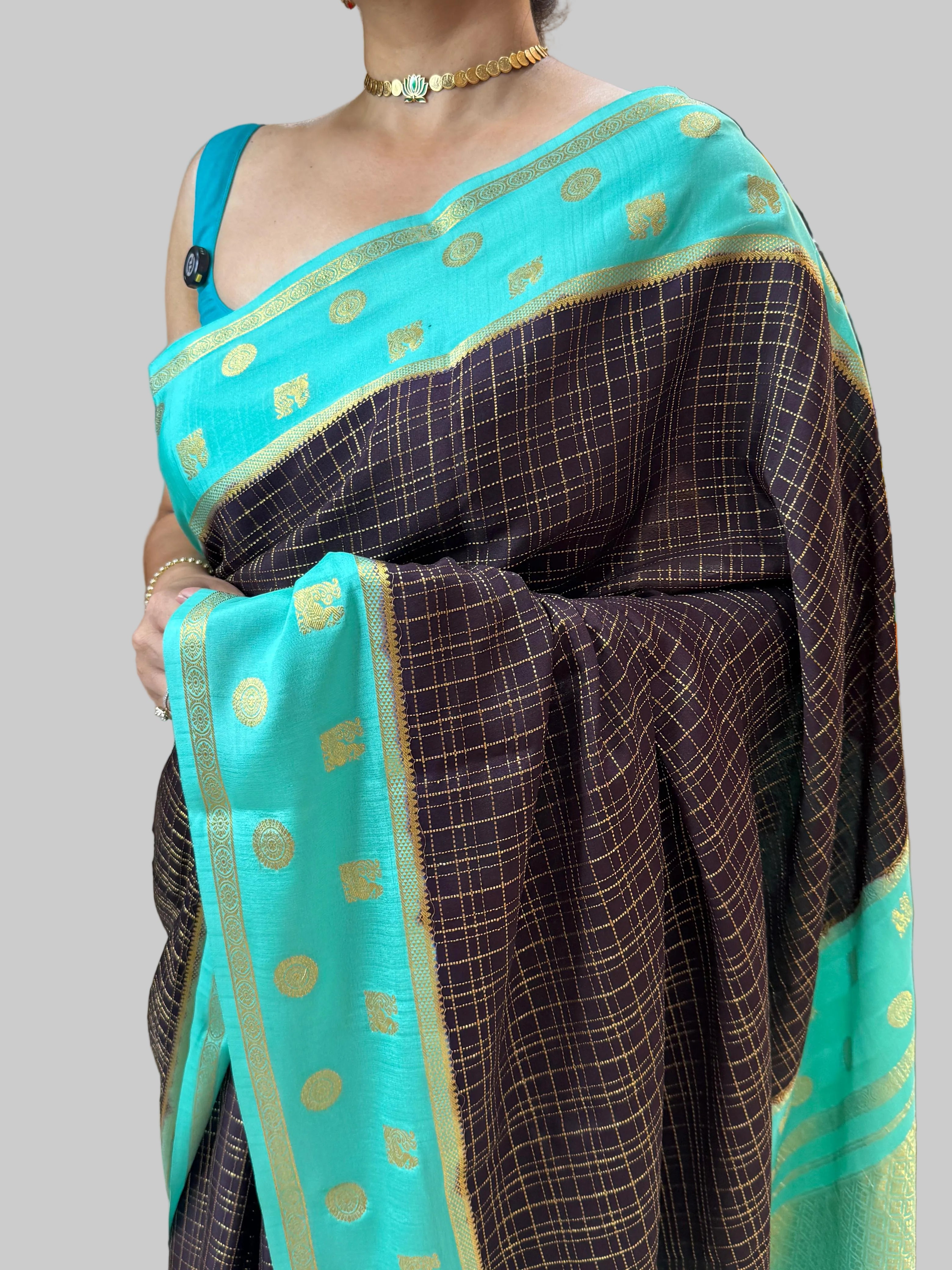 Black checks n bentex pure Mysore silk 104 saree