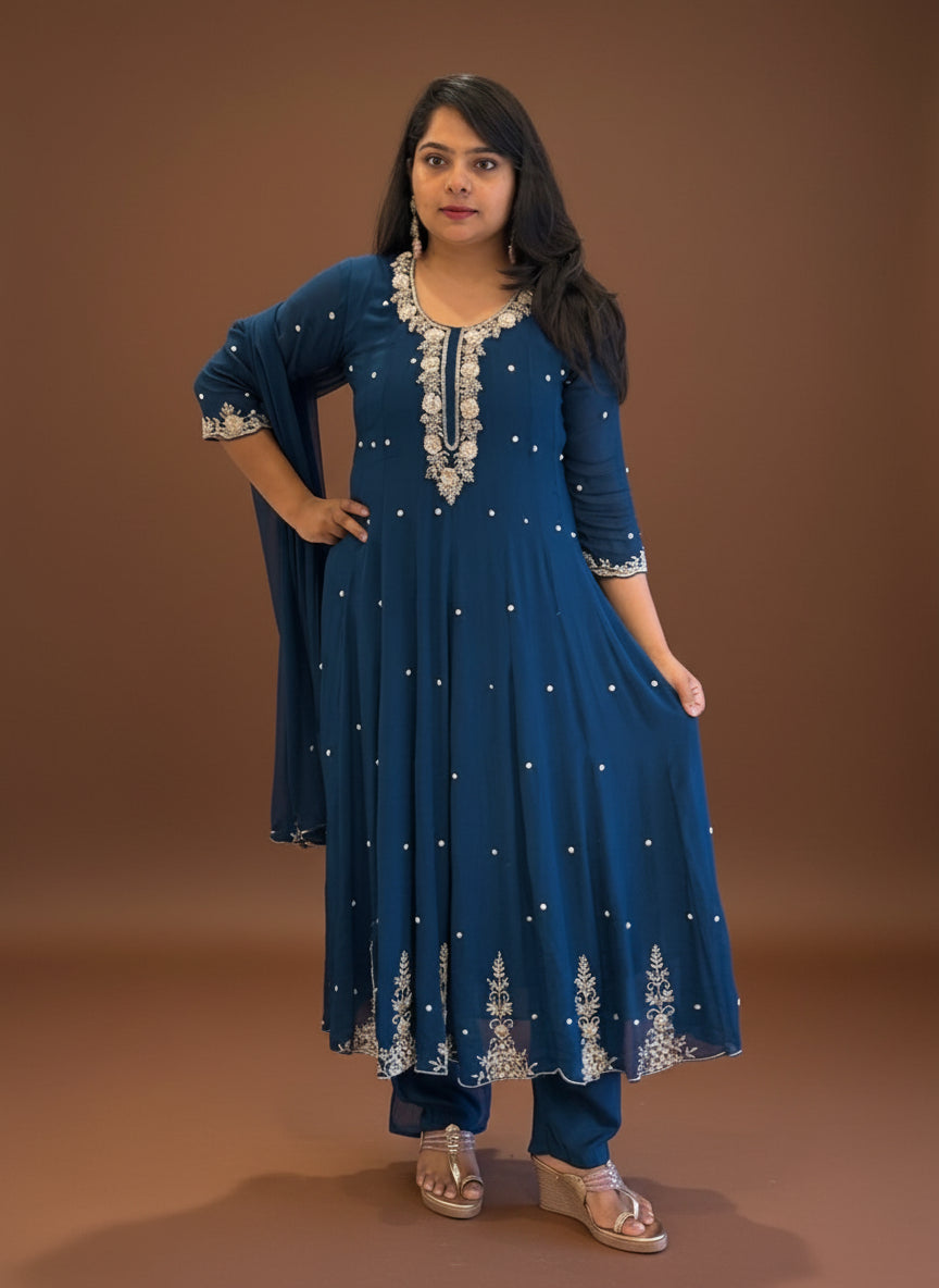 Peacock Blue Anarkali Chinnon Hand Embroidery Kurtha 567
