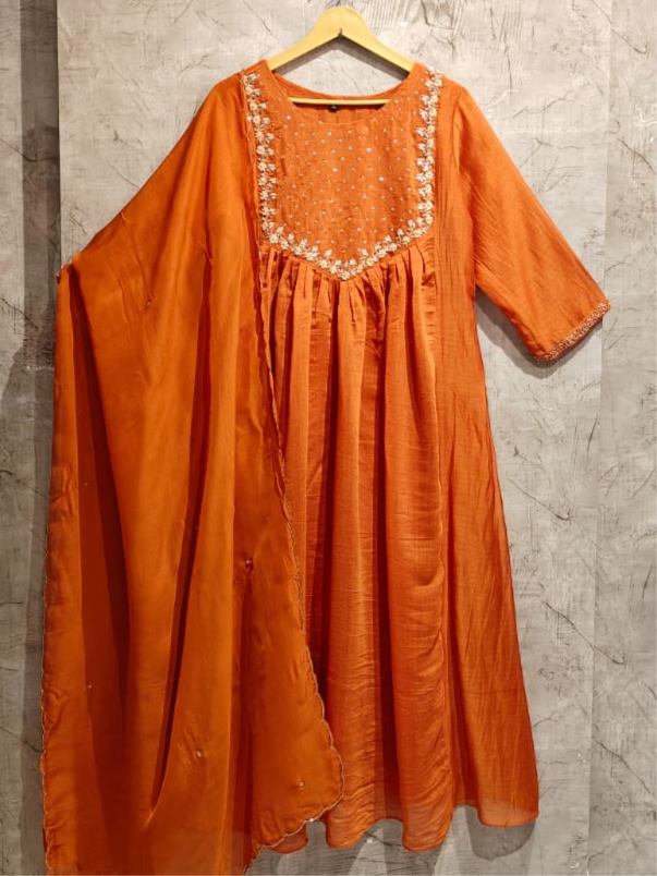 "Sita" Orange Mul Chanderi Silk Anarkali Handwork Kurtha 141 Set