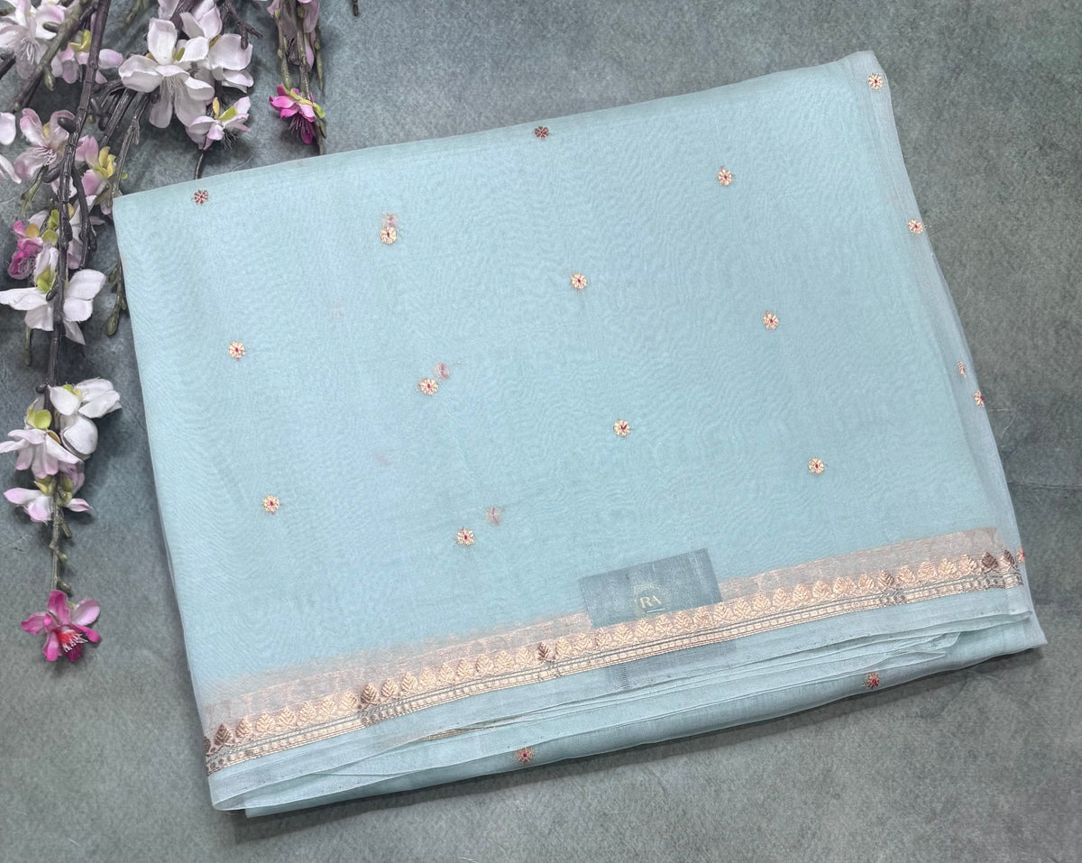 Sea green pure Kora Organza Saree 111