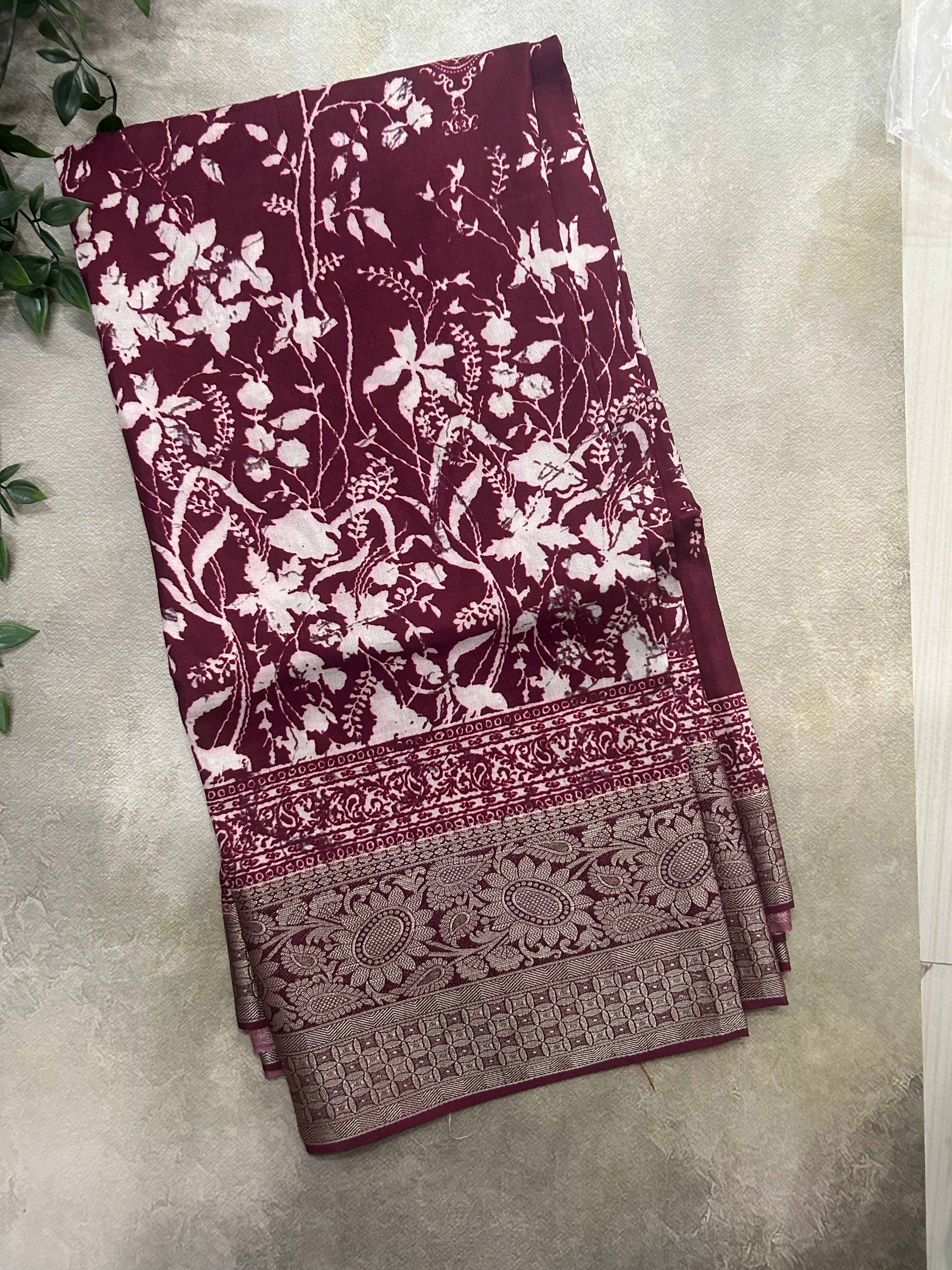 Dark maroon digital print soft Tussar saree