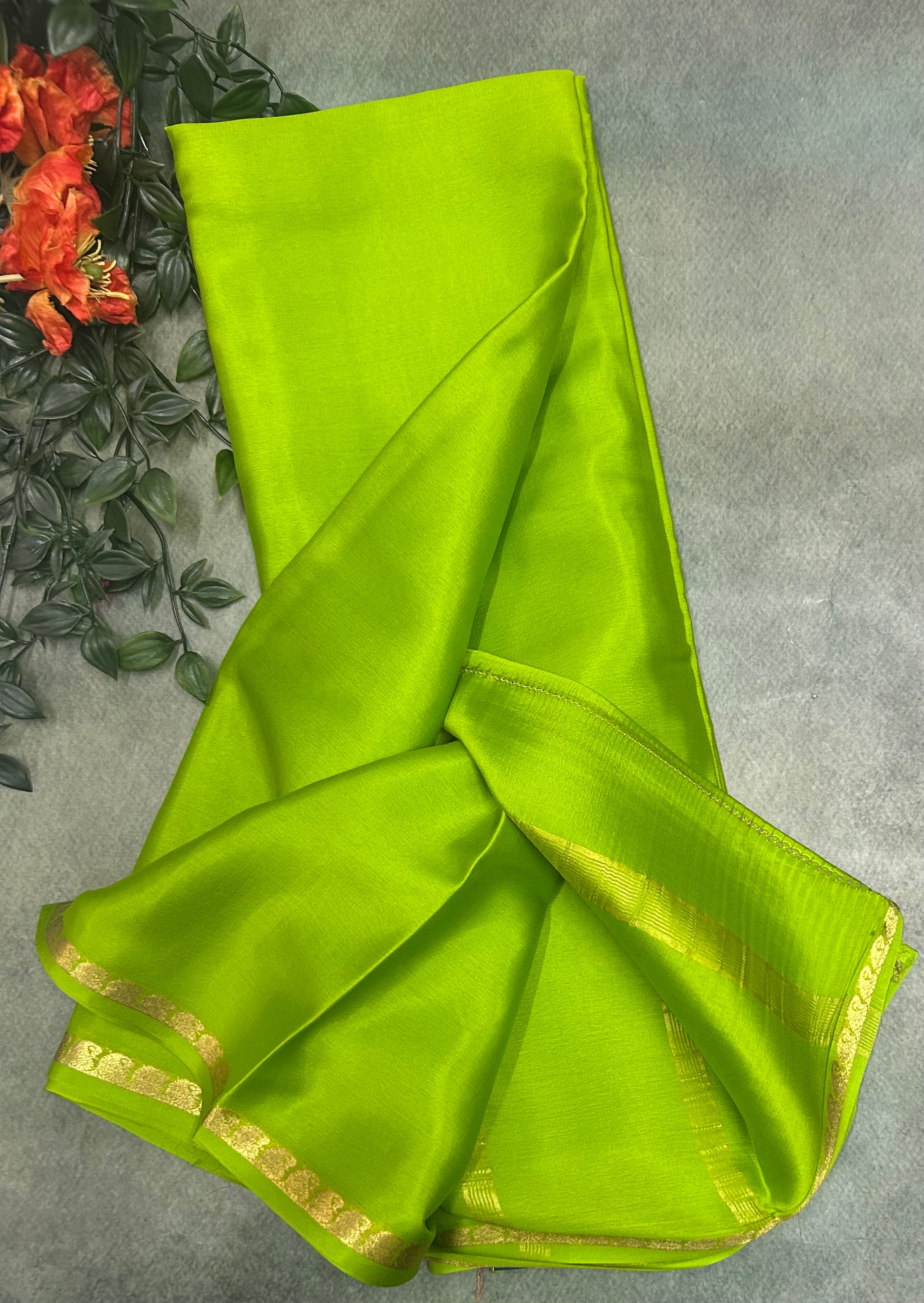 Parrot green pure Mysore crepe silk saree