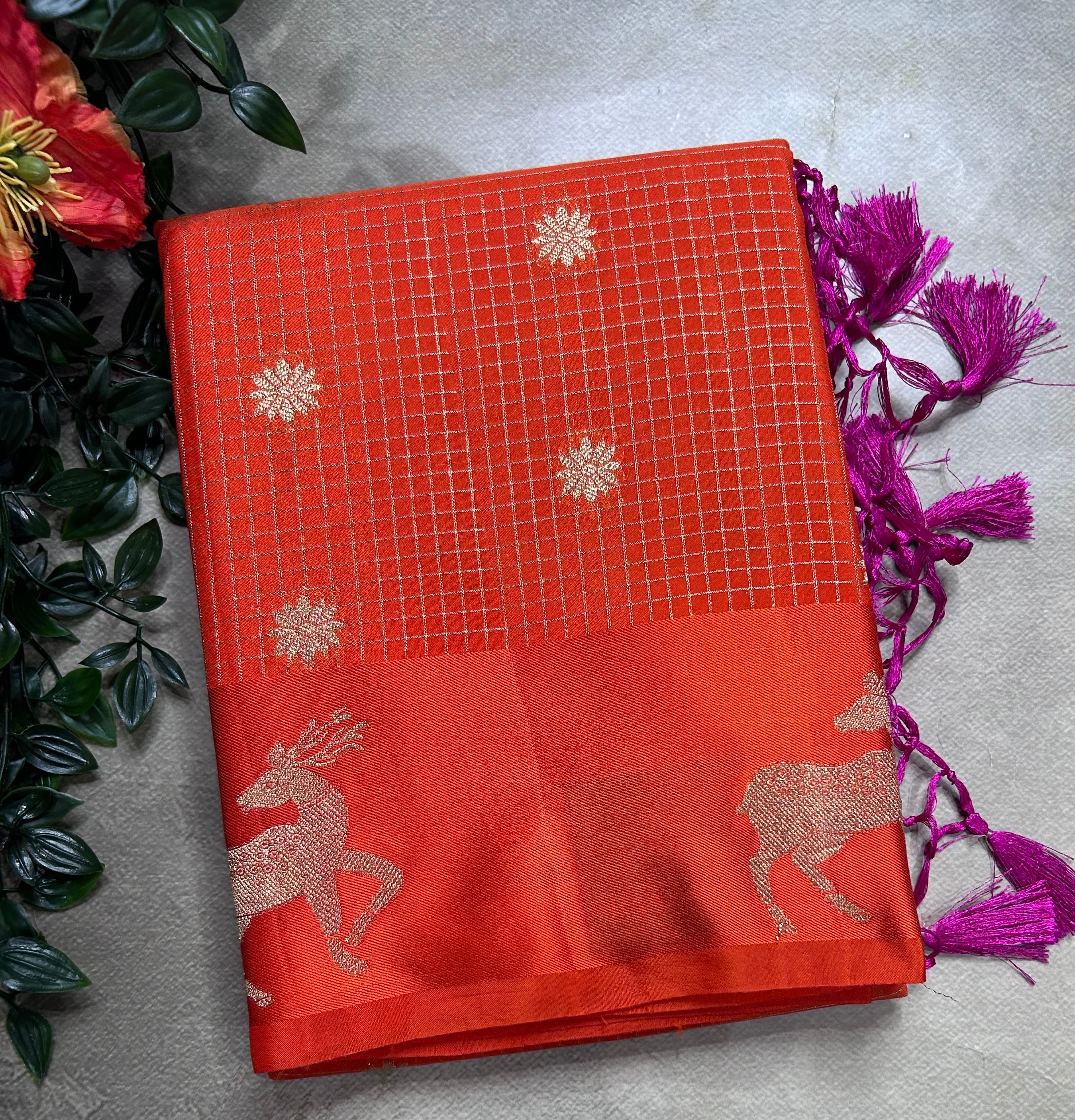 Orange small checks semi Mysore crepe 106 saree
