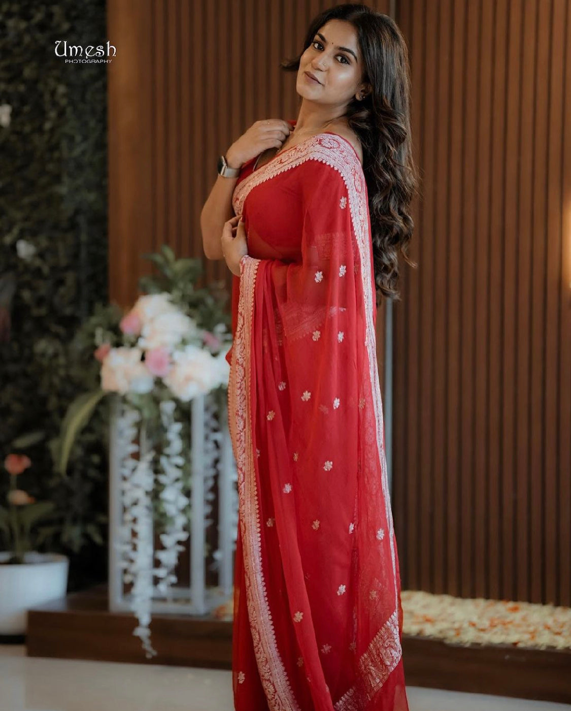 Bright red benarasi pure chiffon