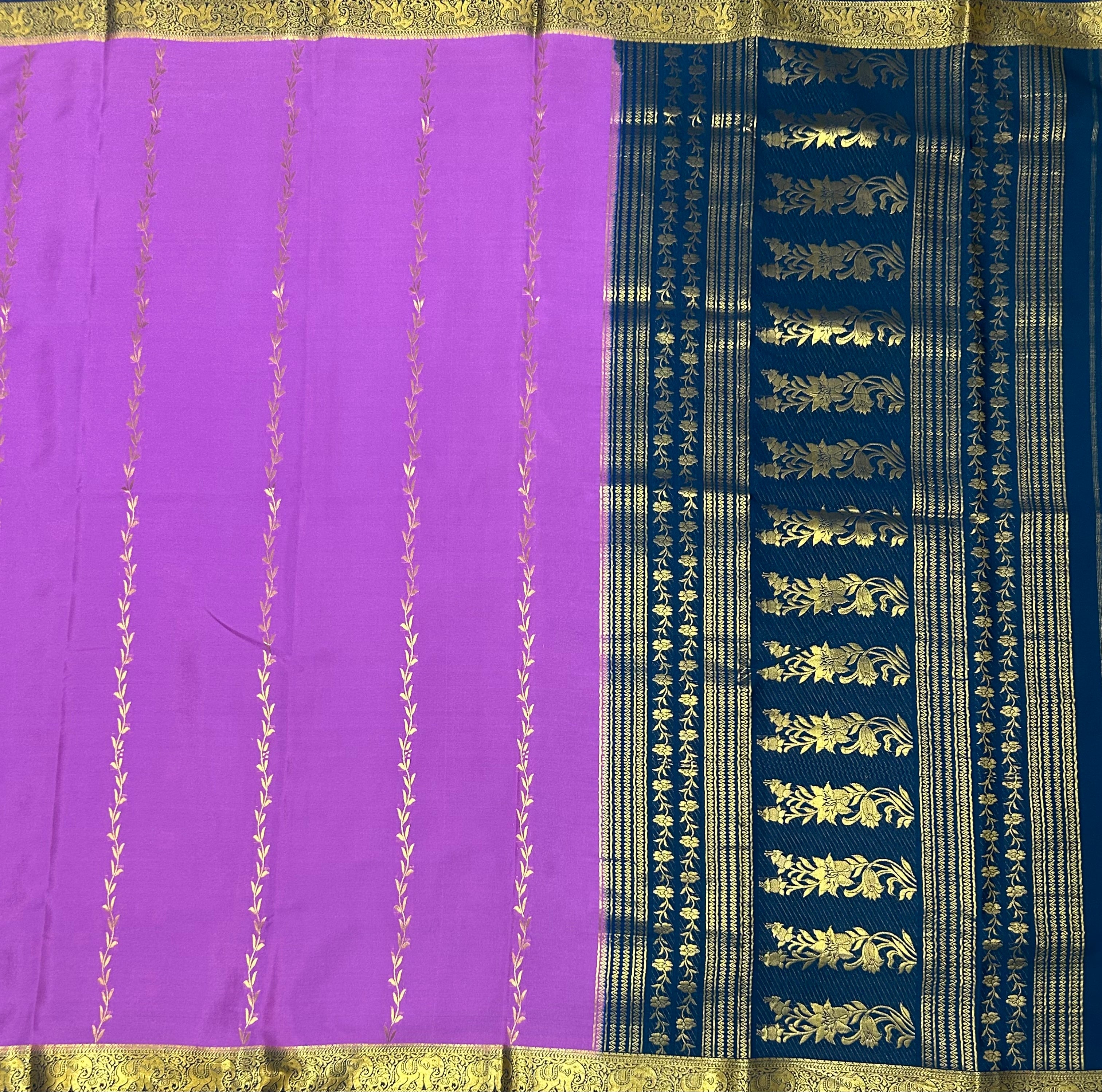 Lilac n dark Rama green  partly pallu Pure Mysore silk crepe 103 Saree