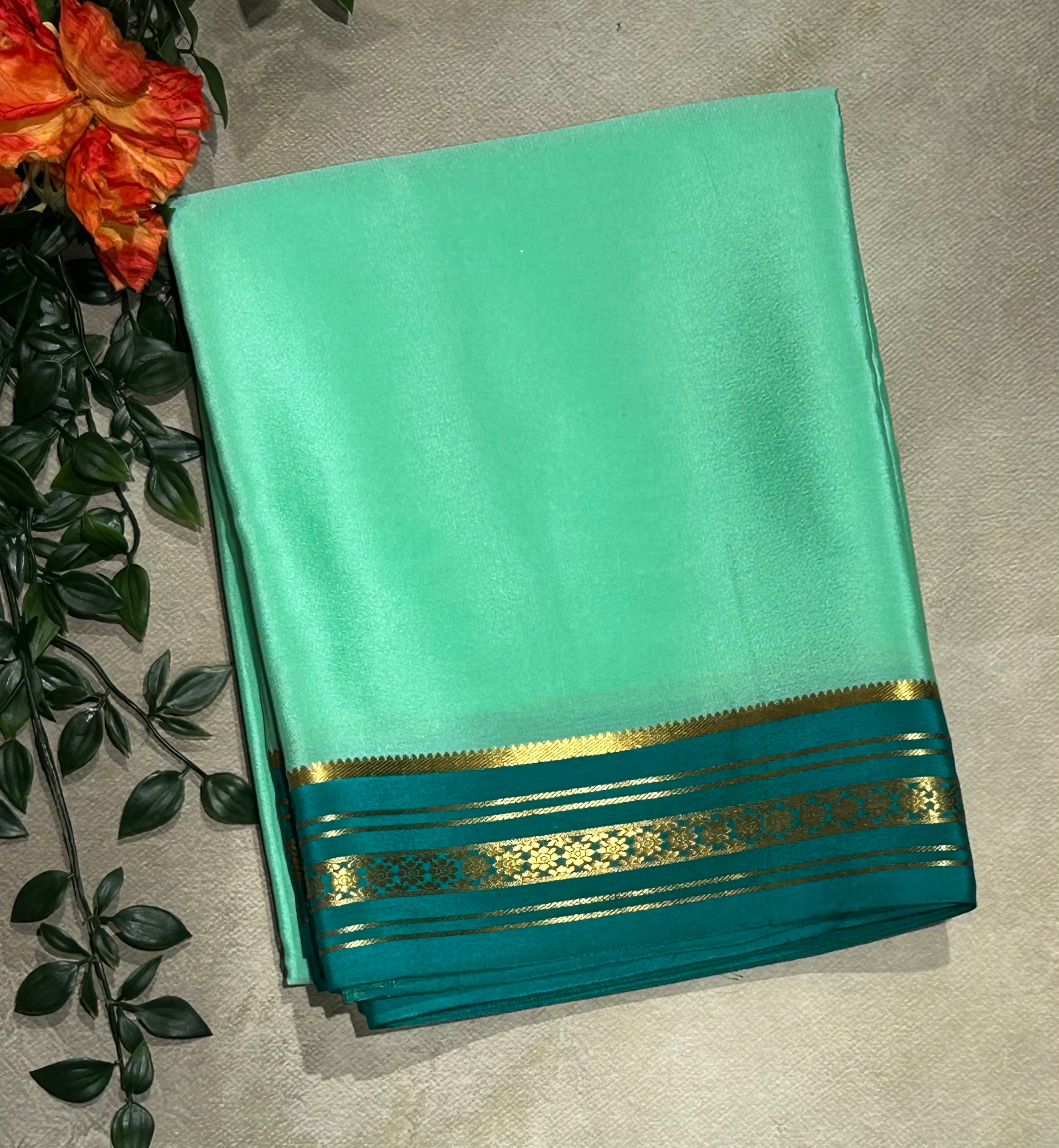 Aqua green stripes border pure Mysore silk-103 saree