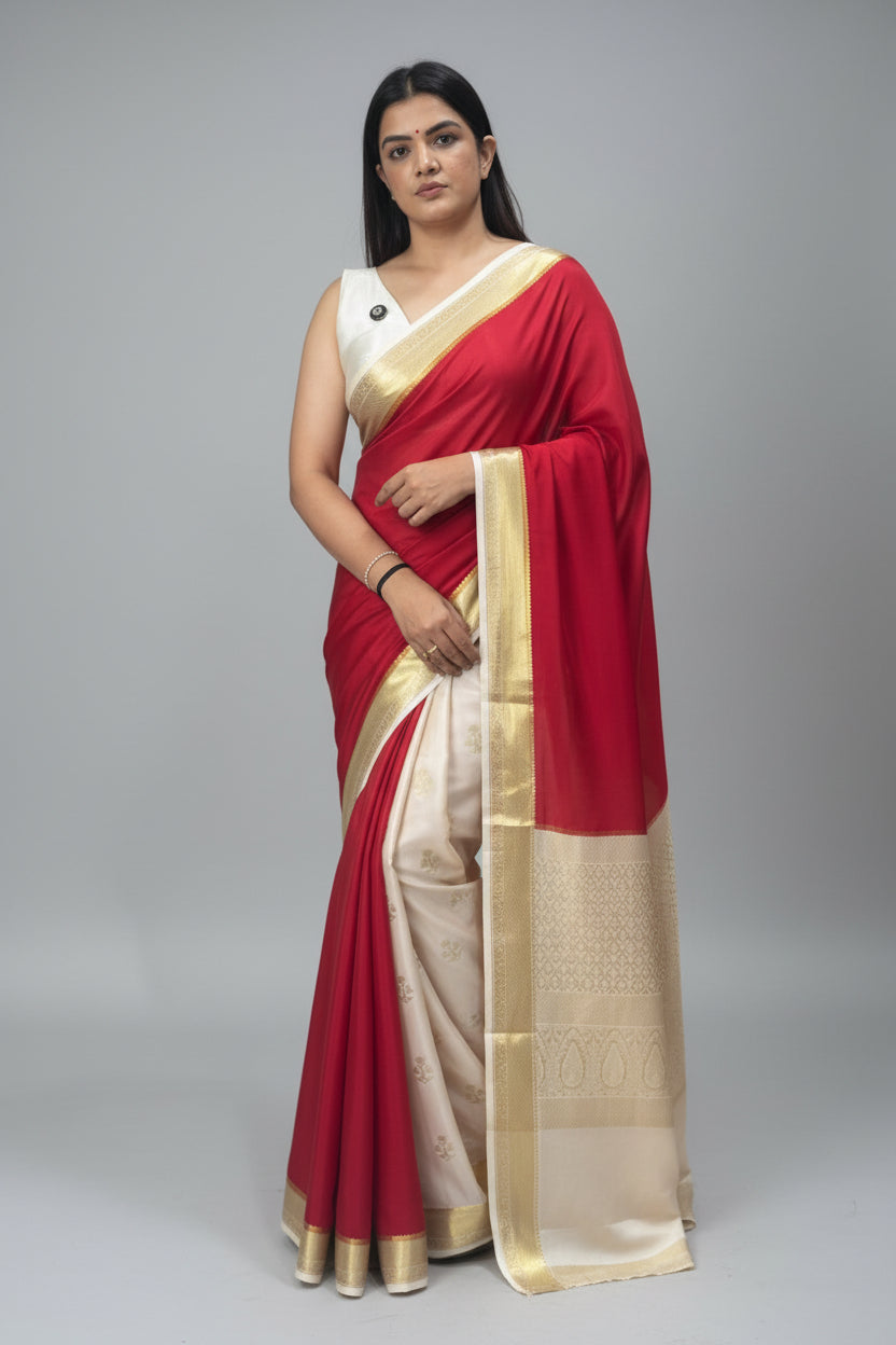 Red n cream partly pallu pure Mysore silk saree PP106