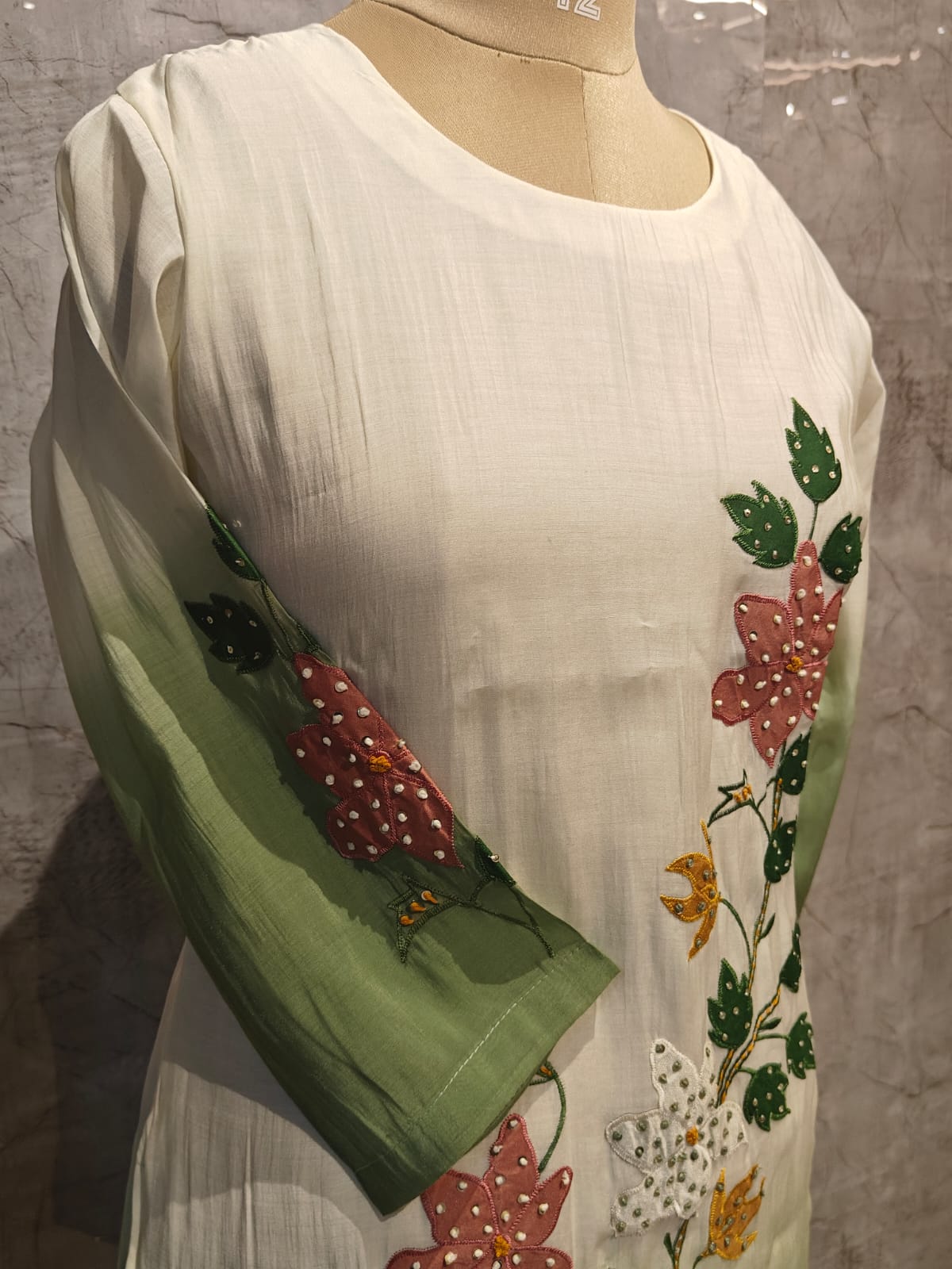 White and Green Dola Thread Embroiedry Straight Fit Kurtha 431