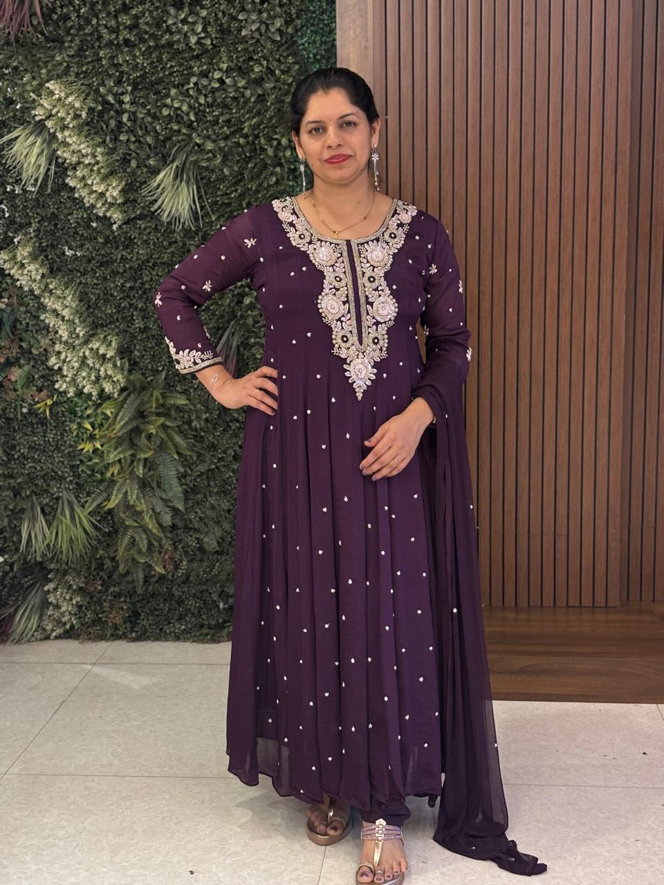 Purple Anarkali Chinnon Hand Embroidery Kurtha 567