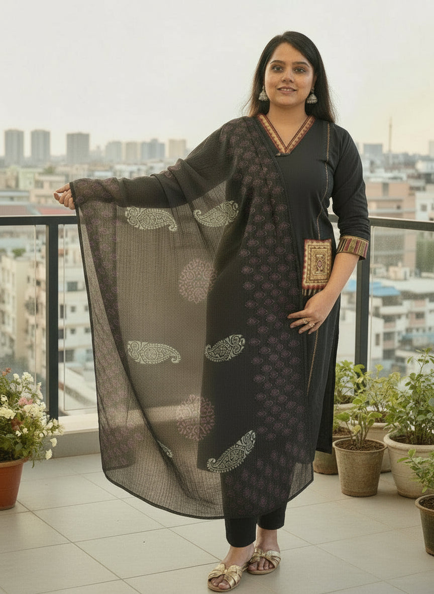 Black Cotton Thread Emboridery Straight Fit Kurtha