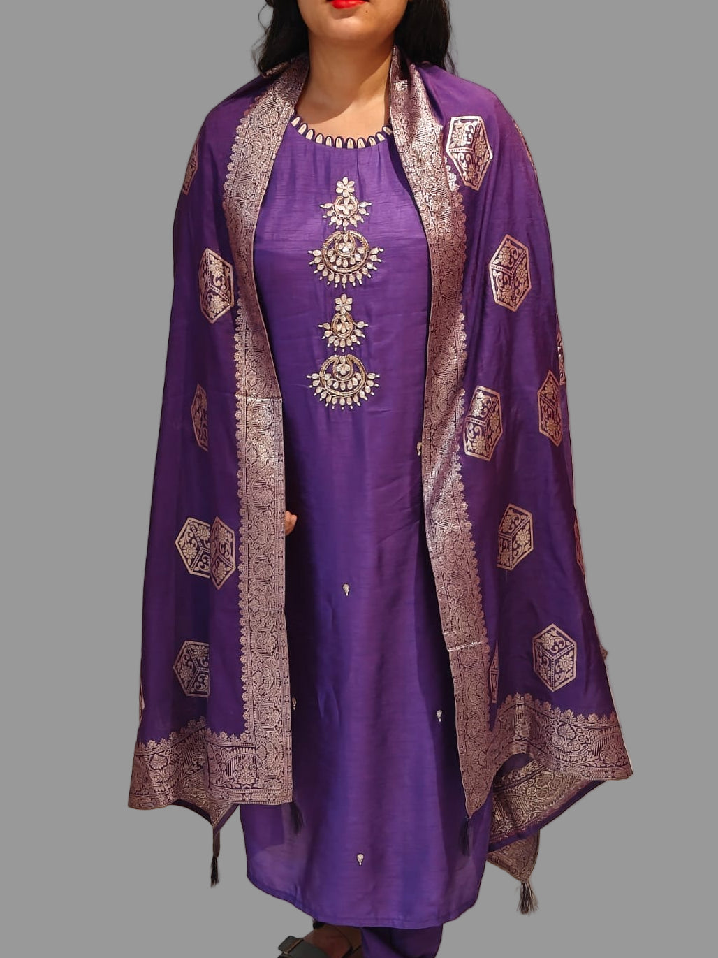Purple Dola Silk Handwork Straight Fit Kurtha 49