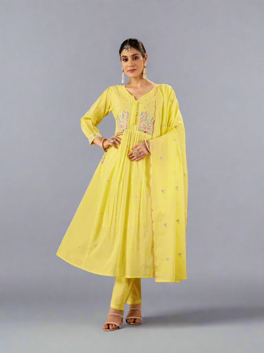 “Naya” Lemon Yellow Cotton thread embroidery  kurtha 009