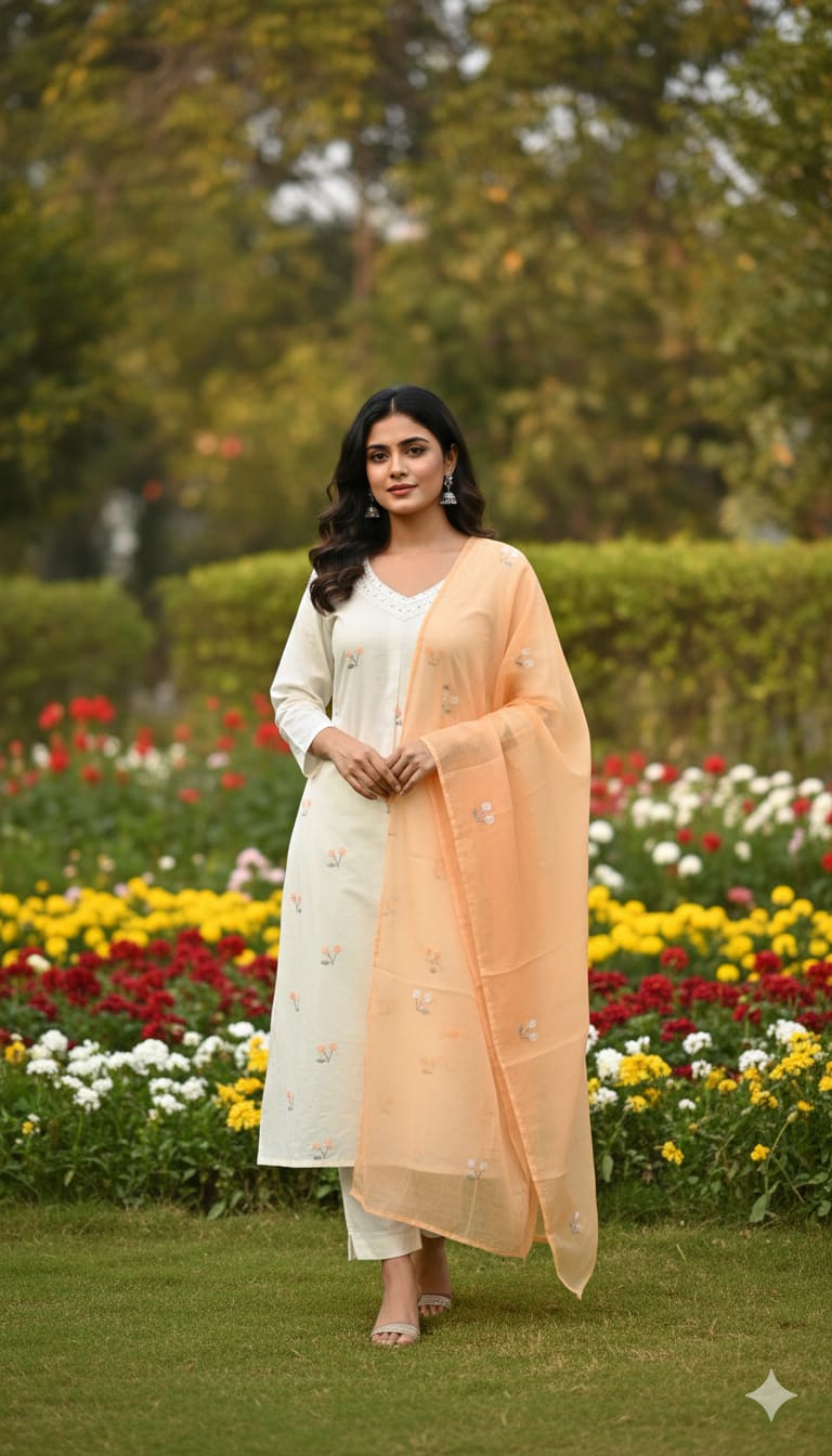 White nd Peach Lenon Cotton Straight Fit Kurtha