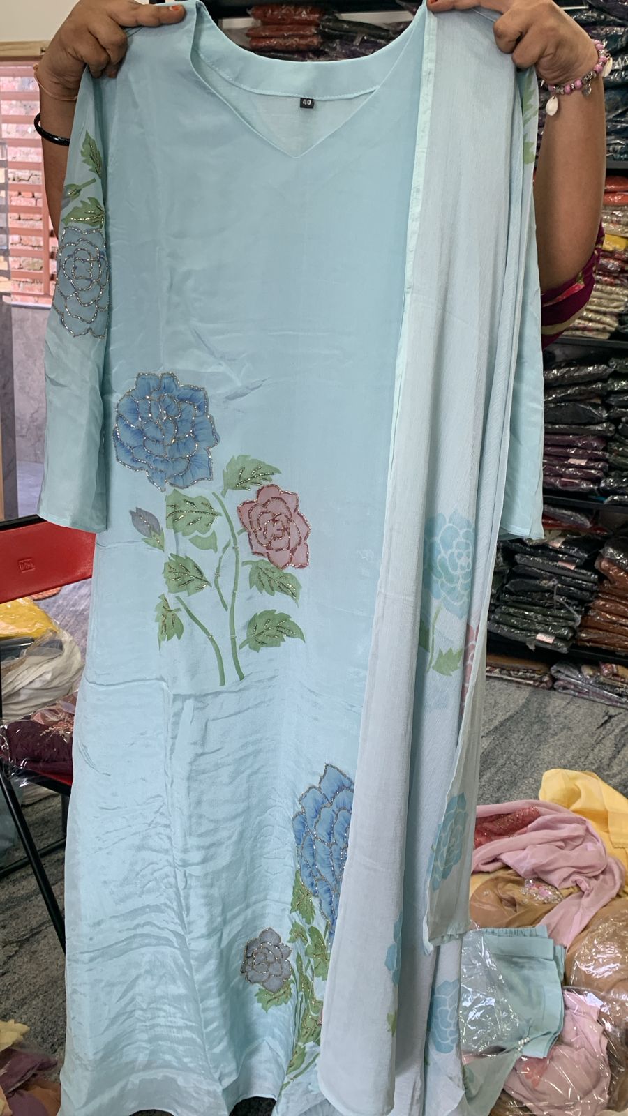 Blue Crepe Hand Embroidery Airline Kurtha