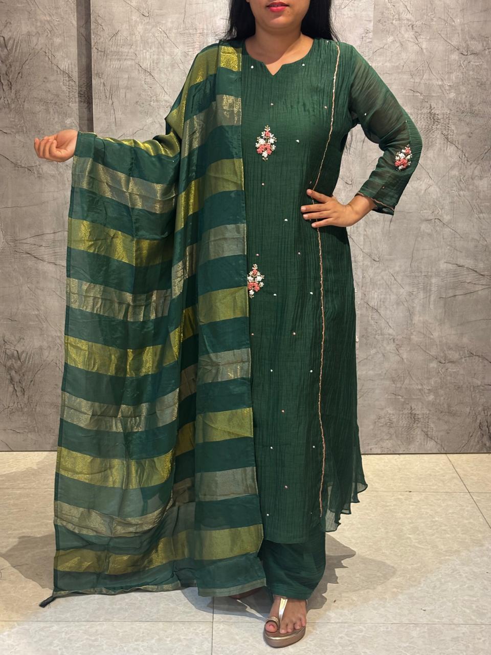 “Pani" Bottle Green Mul Chanderi silk Kurtha 101 with Handwork Embroidery