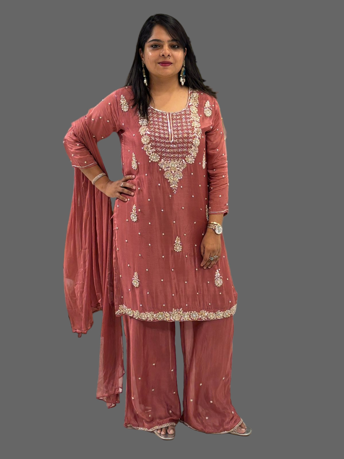 Brown Chinnon Hand Embroidery Sharara Kurtha 301