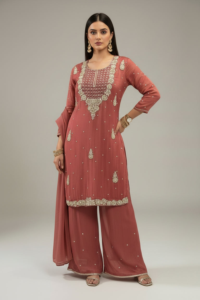 Brown Chinnon Hand Embroidery Sharara Kurtha 301
