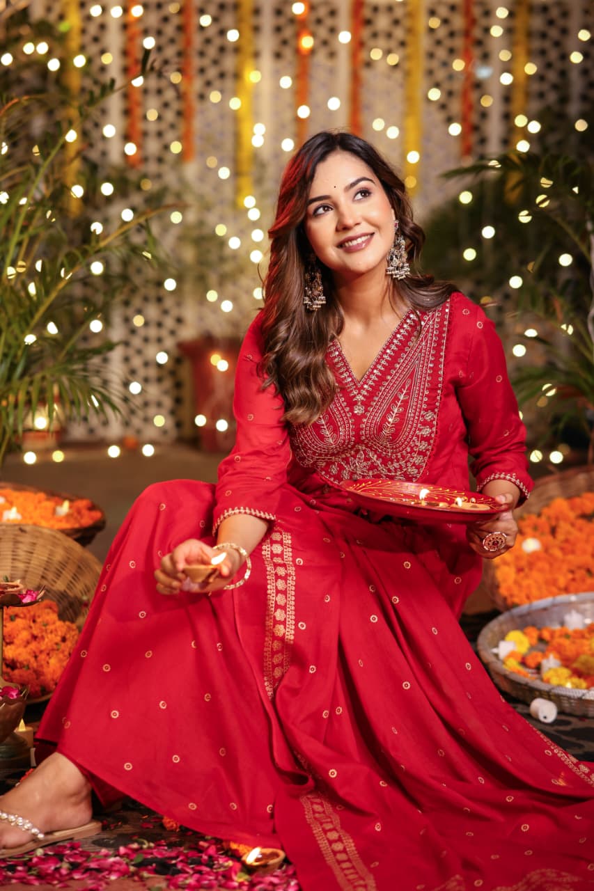 Red Cotton Hand Embroidery Airline Kurtha 677