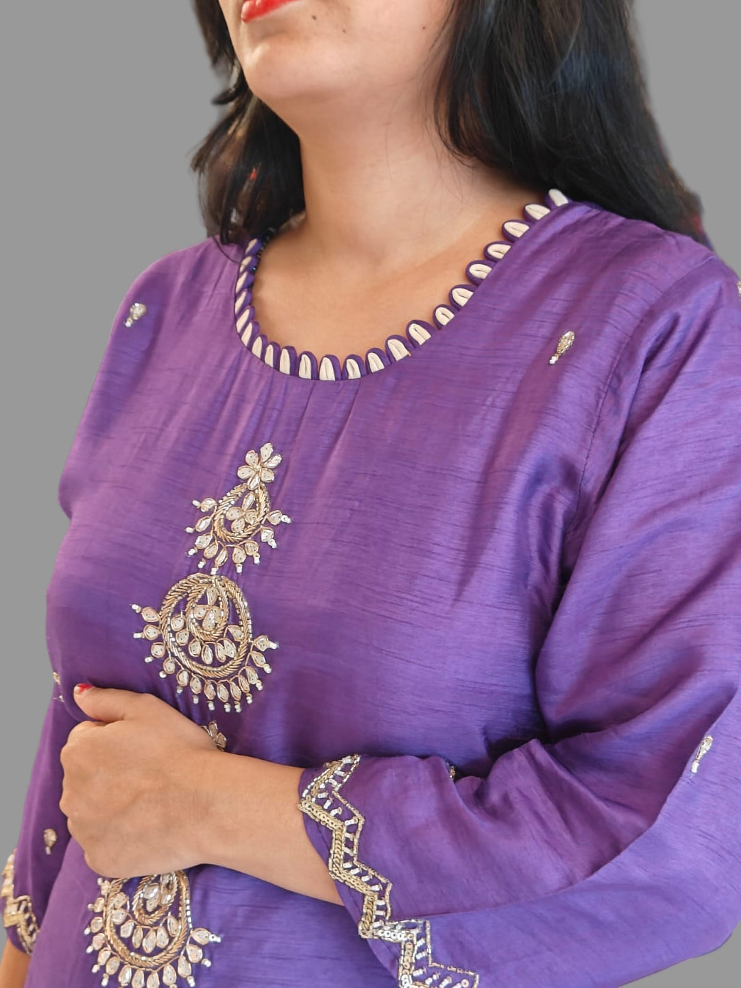 Purple Dola Silk Handwork Straight Fit Kurtha 49