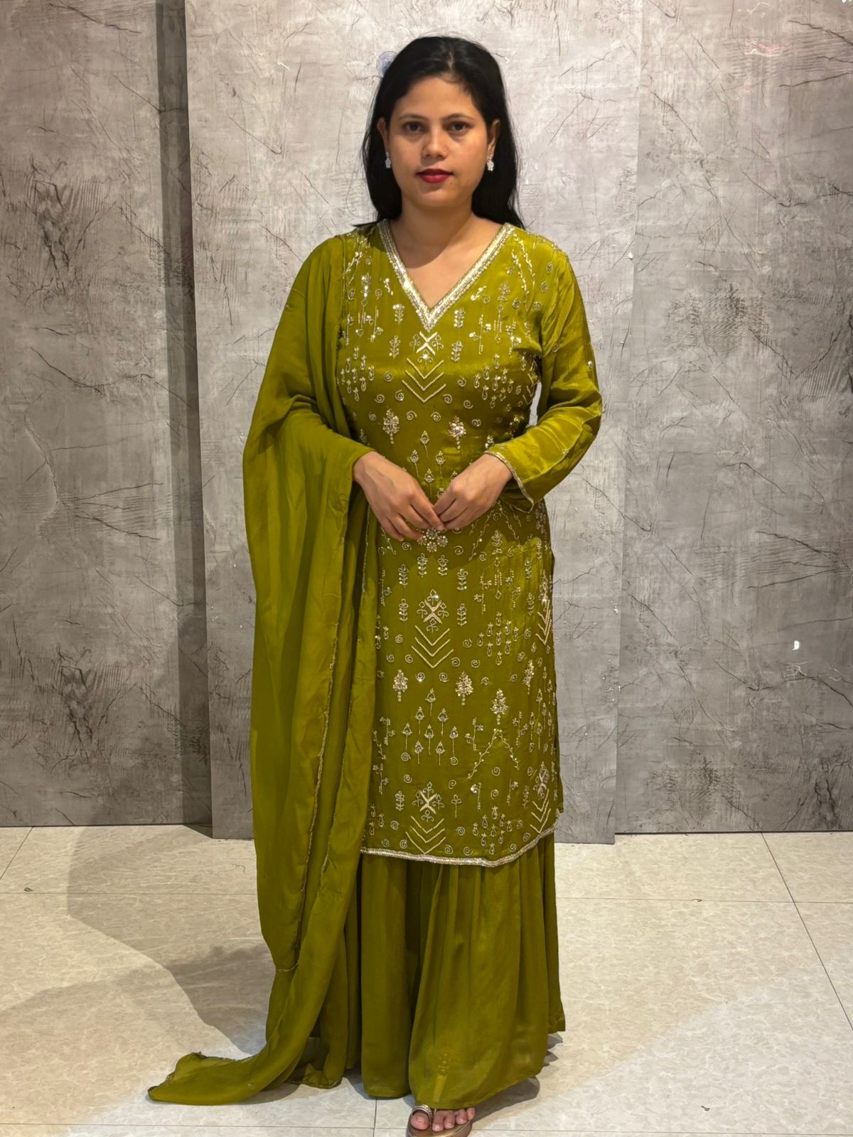 "Boomi" Lime Green Designer Hand Embroidery Sharara party Kurtha set 301