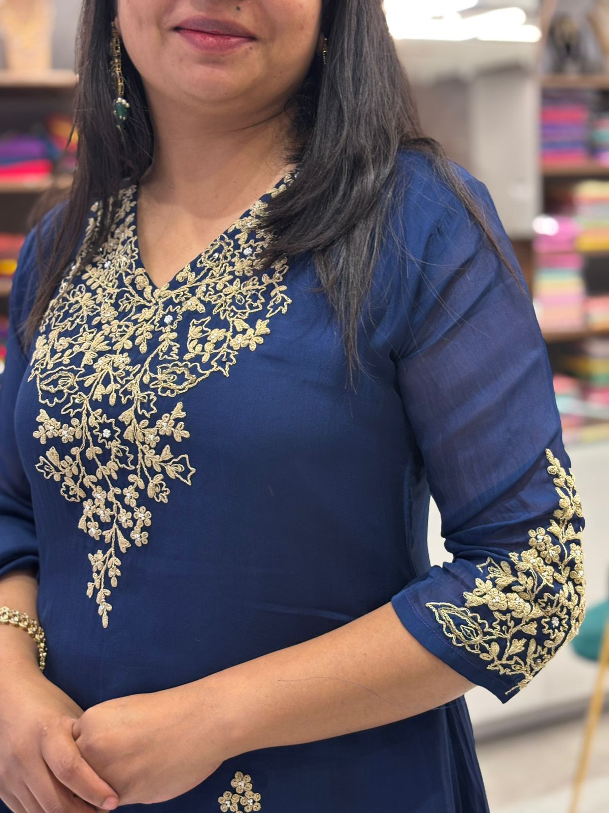Dark Blue Chinnon Hand Embroidery Airline Kurtha 673