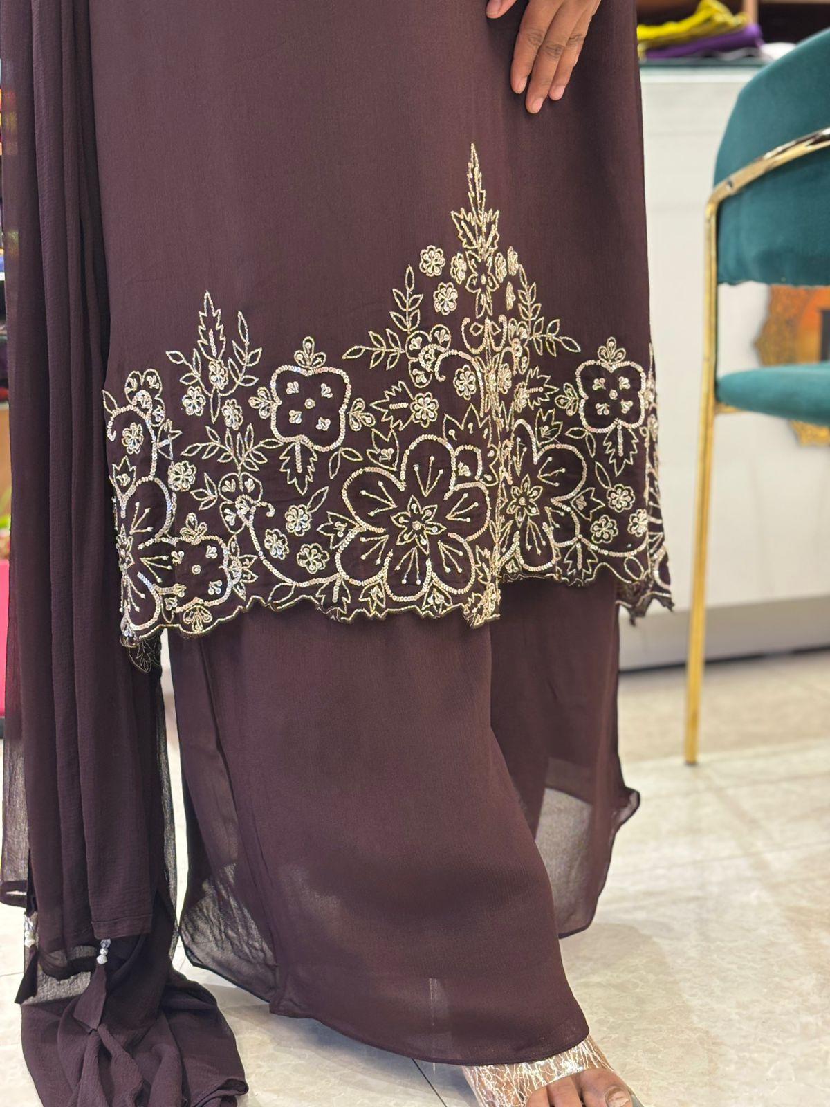 Brown Chinnon Hand Embroidery Airline Kurtha 673