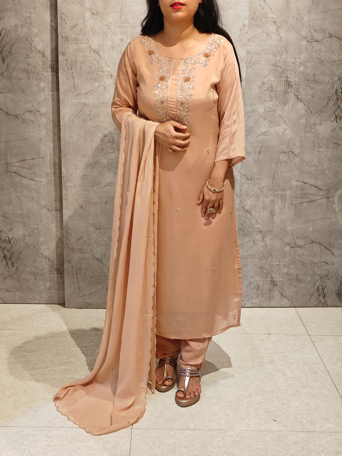 Peach Chinnon Hand Embroidery Straight Fit Kurtha 904