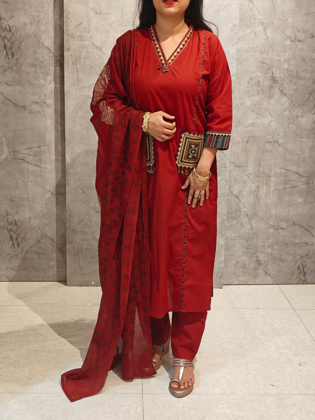 Maroon Cotton Thread Emboridery Straight Fit Kurtha