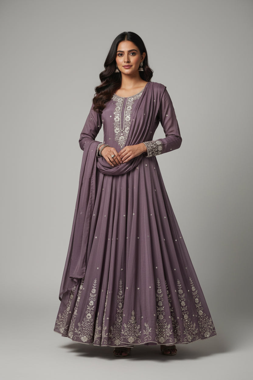 Purple Anarkali chinnon handwork party ware Kurtha 567