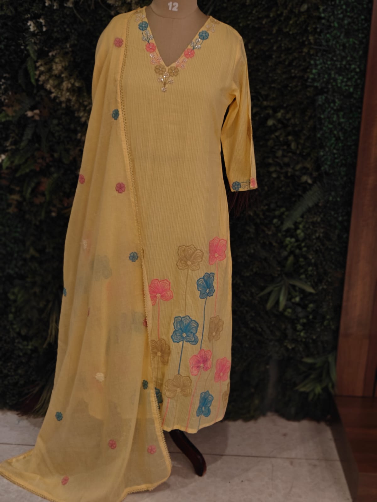 Yellow Mul Cotton Hand Embroidery Airline Kurtha 203