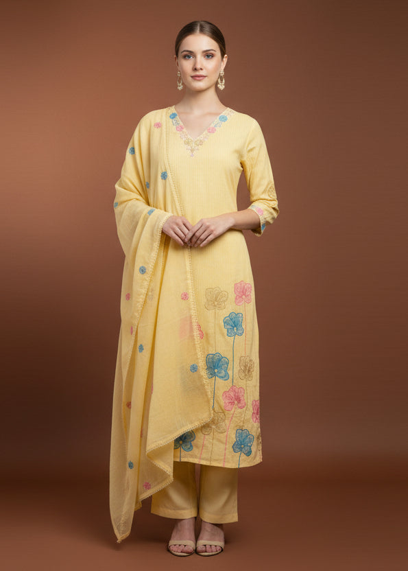Yellow Mul Cotton Hand Embroidery Airline Kurtha 203