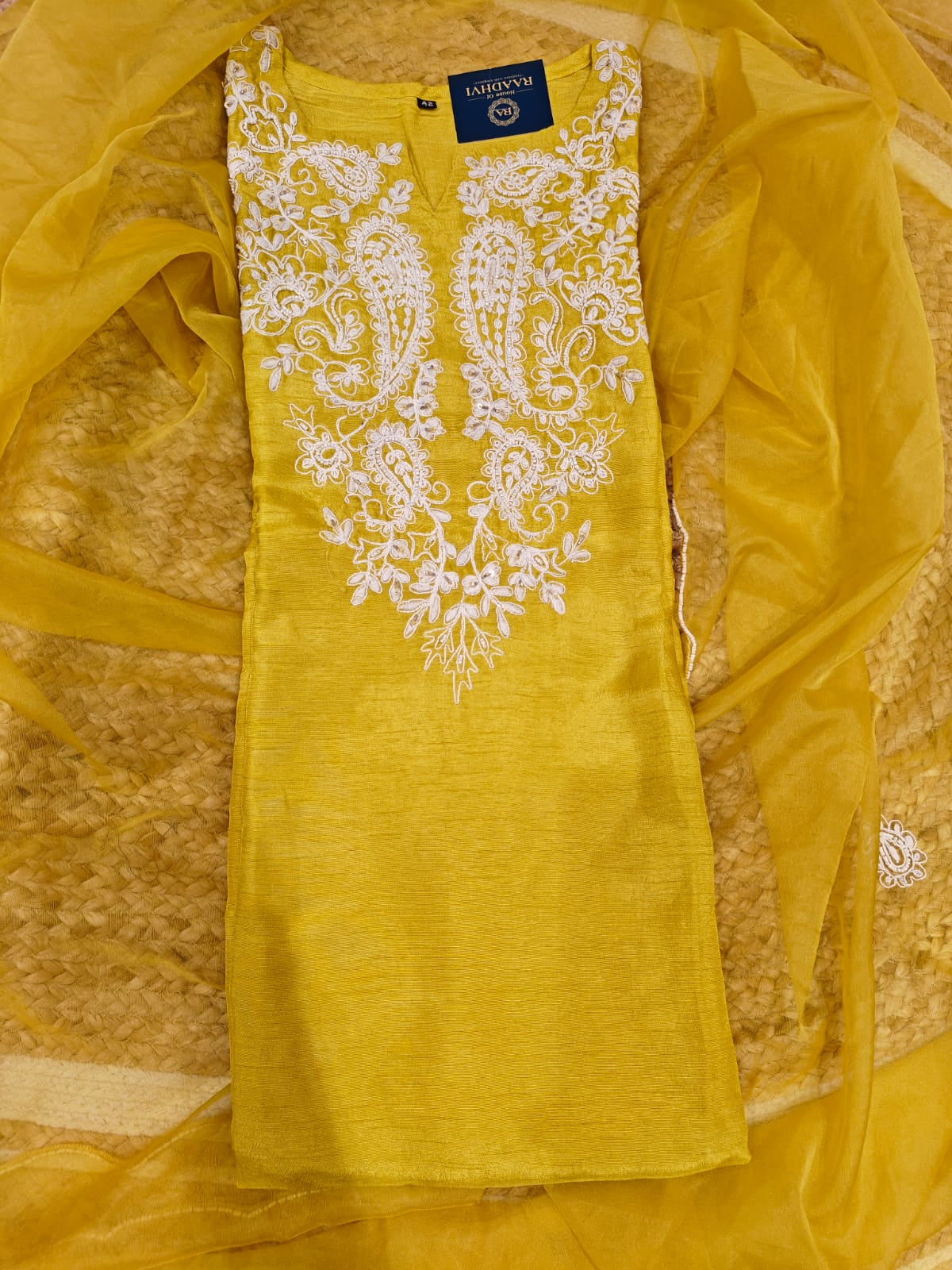 Lemon Yellow  Dola silk Pastel Kurtha with Pearl handwork embroidery work