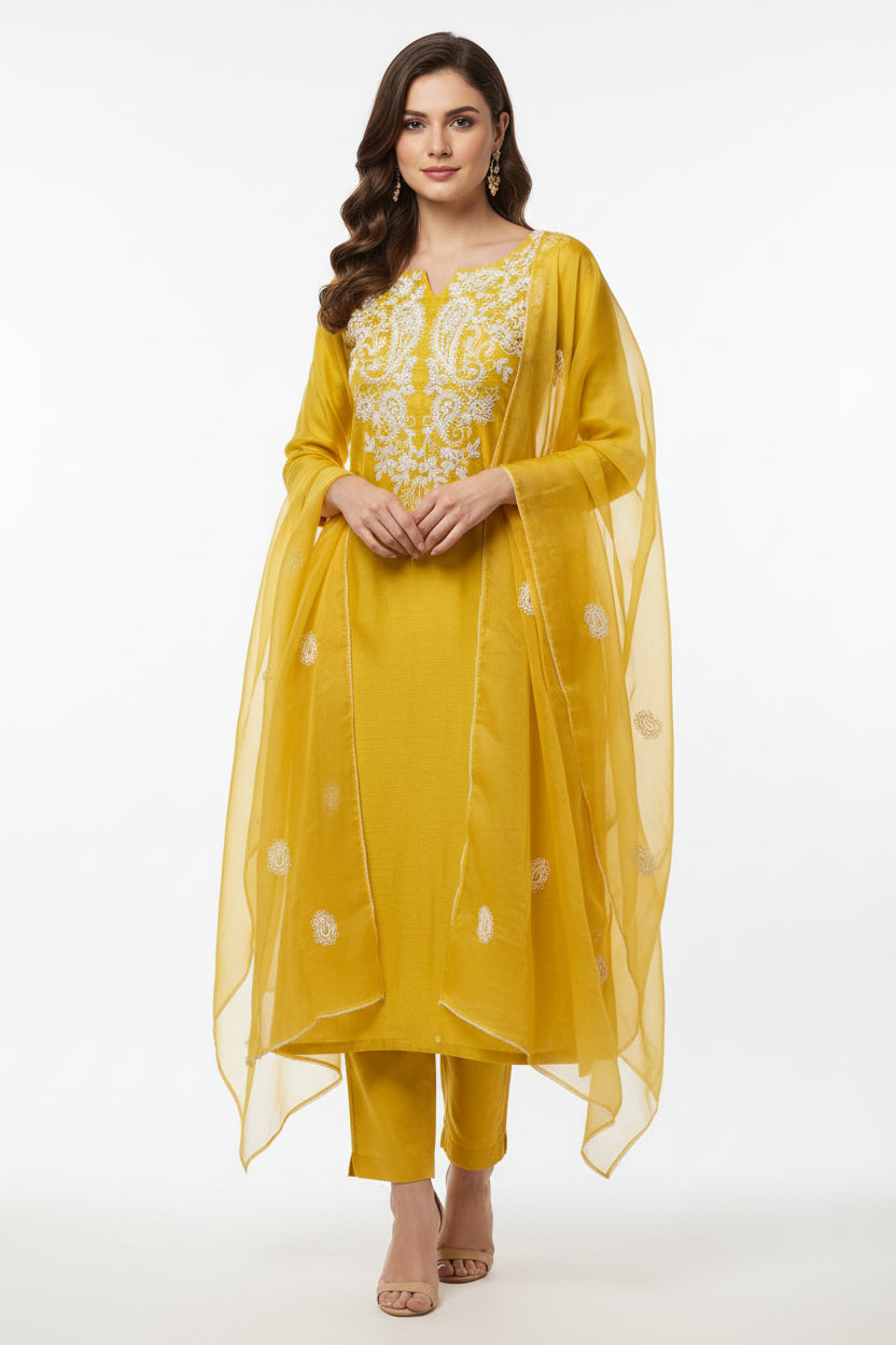 Lemon Yellow  Dola silk Pastel Kurtha with Pearl handwork embroidery work