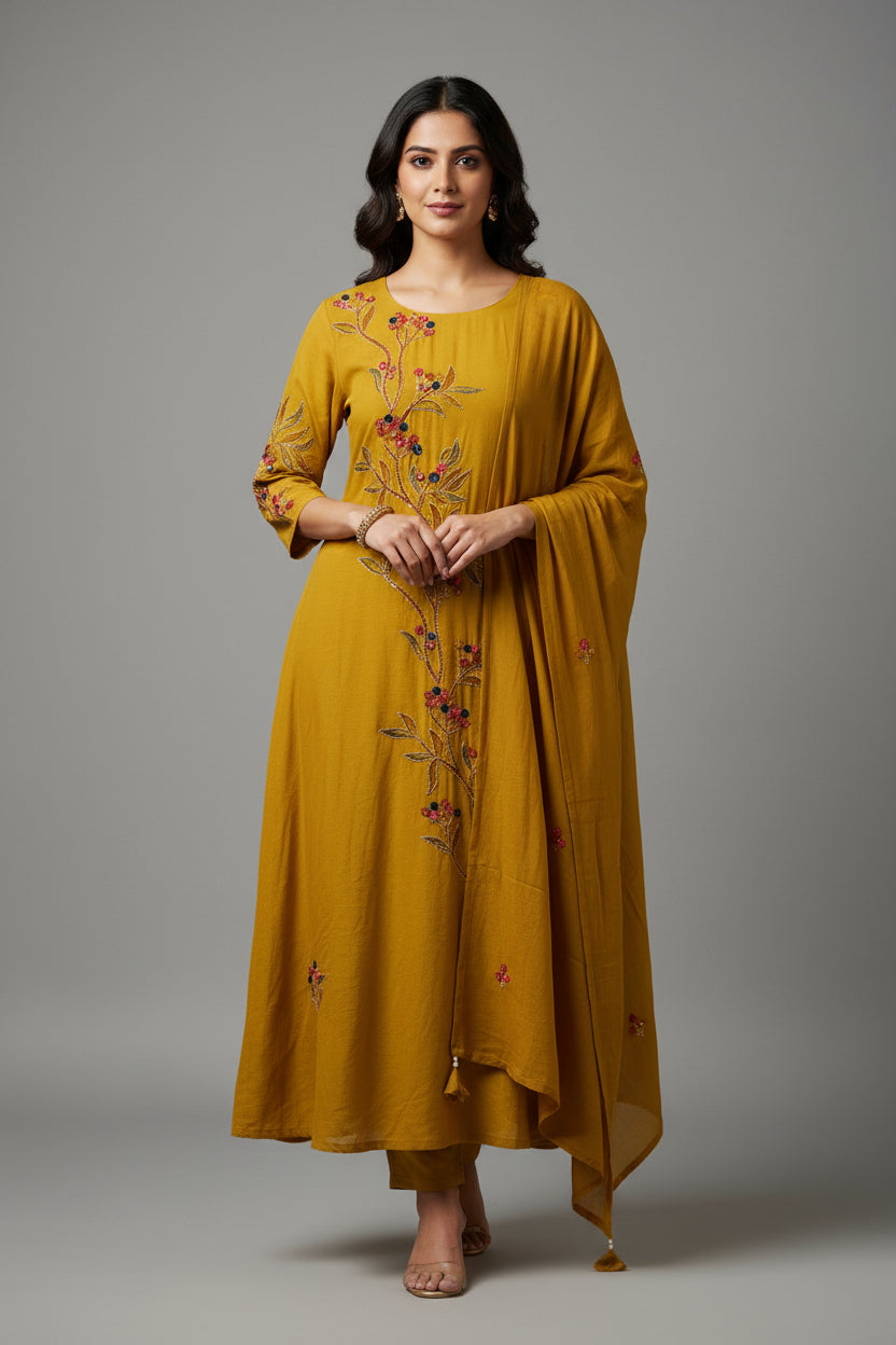 Yellow Mul Chanderi Thread Embroidery Airline Kurtha 483