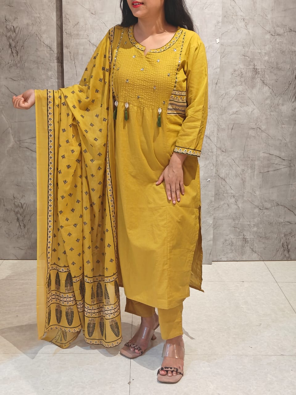 Musturd Yellow Cotton Embroidery Straight Fit Kurtha 606